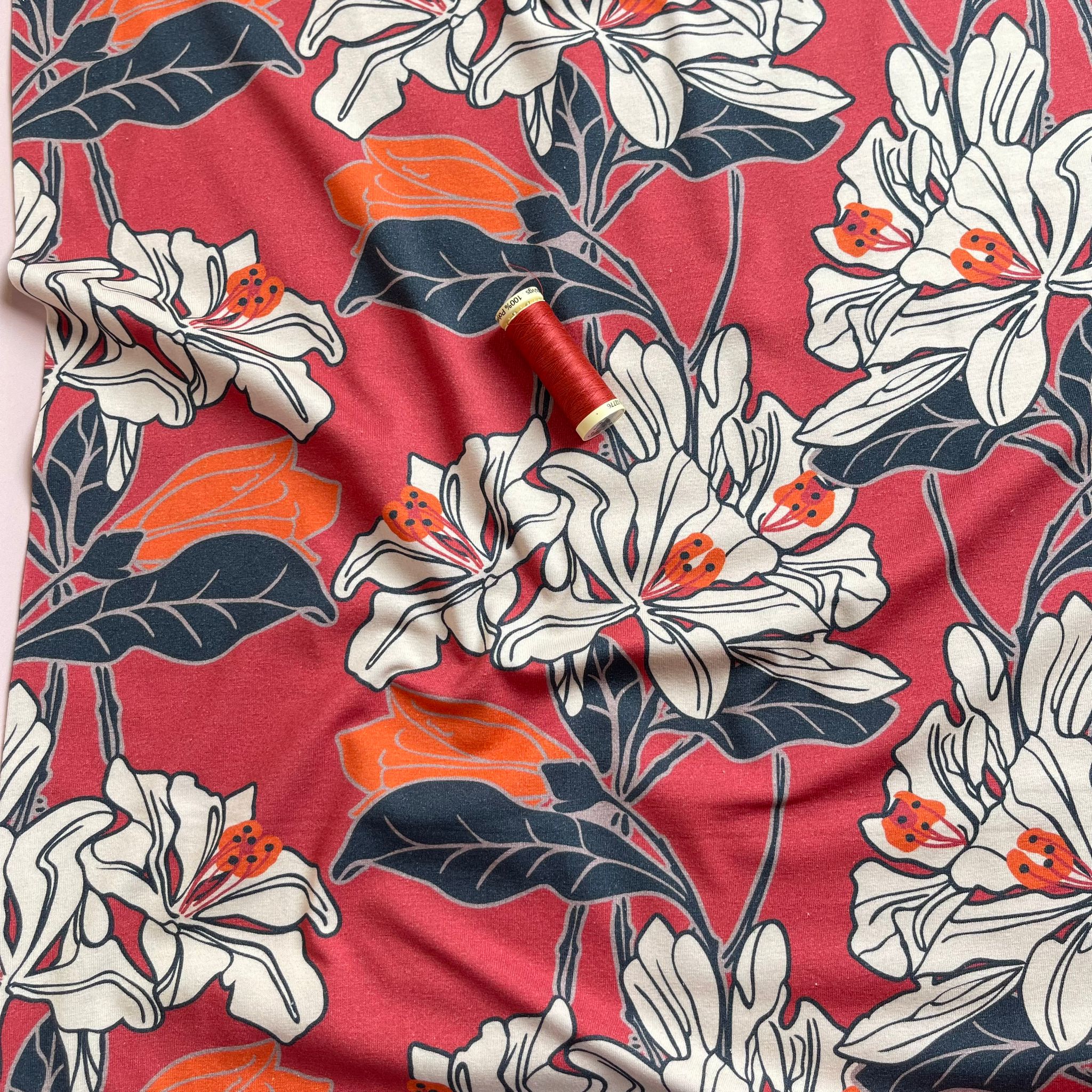 REMNANT 0.44 Metre (plus free sectin with hole) - Danish Design - Graphic Lilies Cotton Jersey Fabric