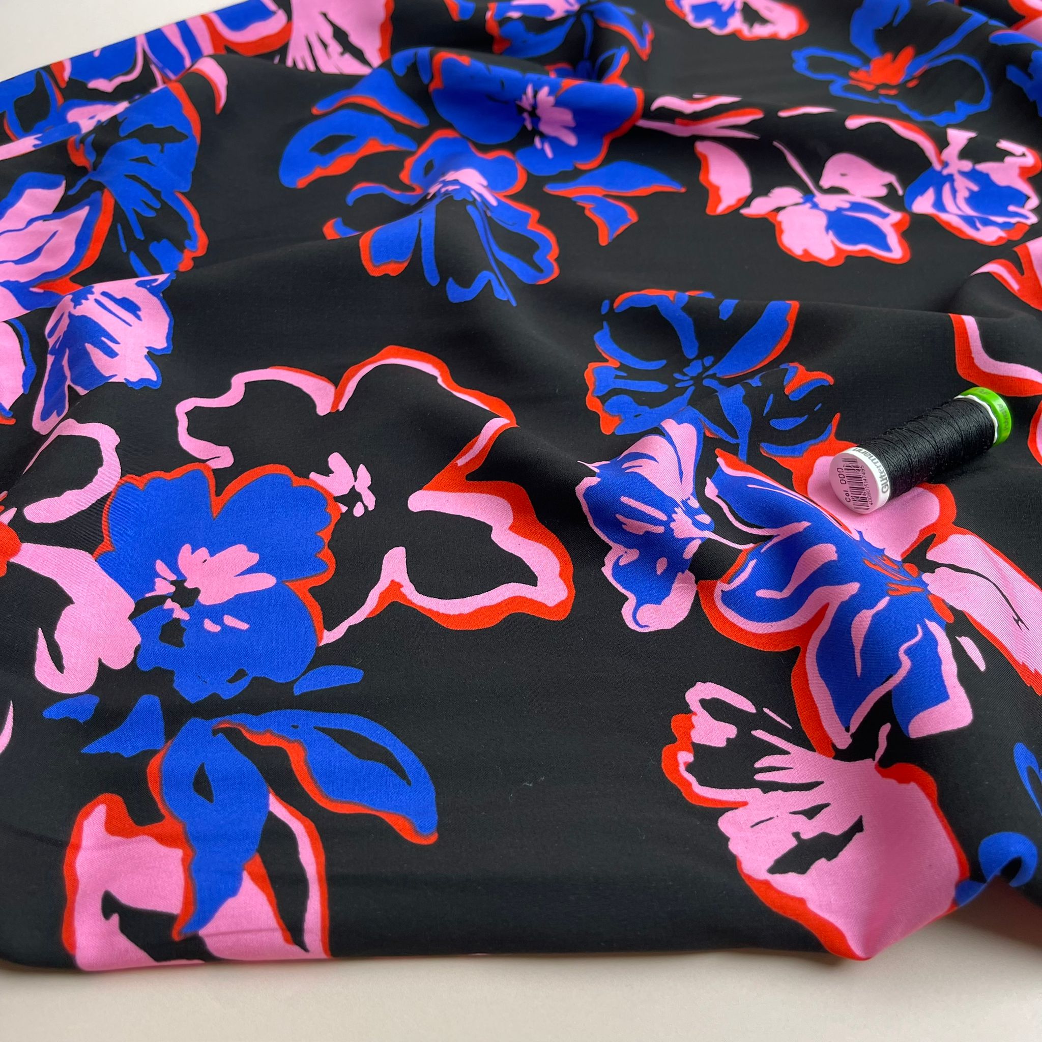 Painted Blooms on Black LENZING™ ECOVERO™ Viscose Fabric