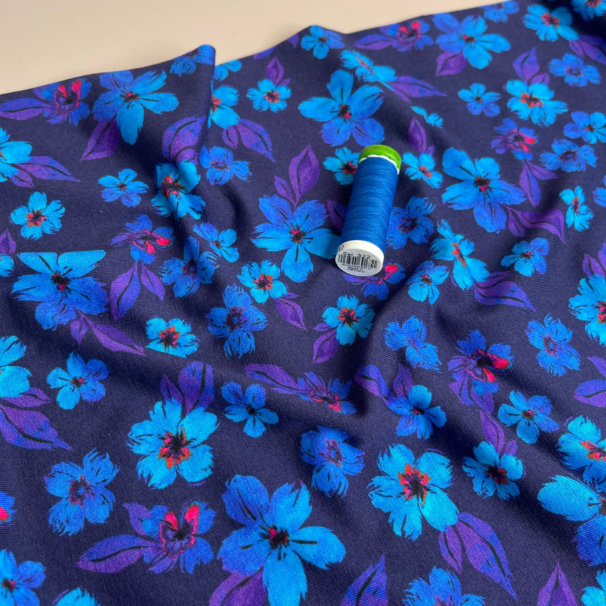 Cobalt Blooms Cotton Jersey Fabric