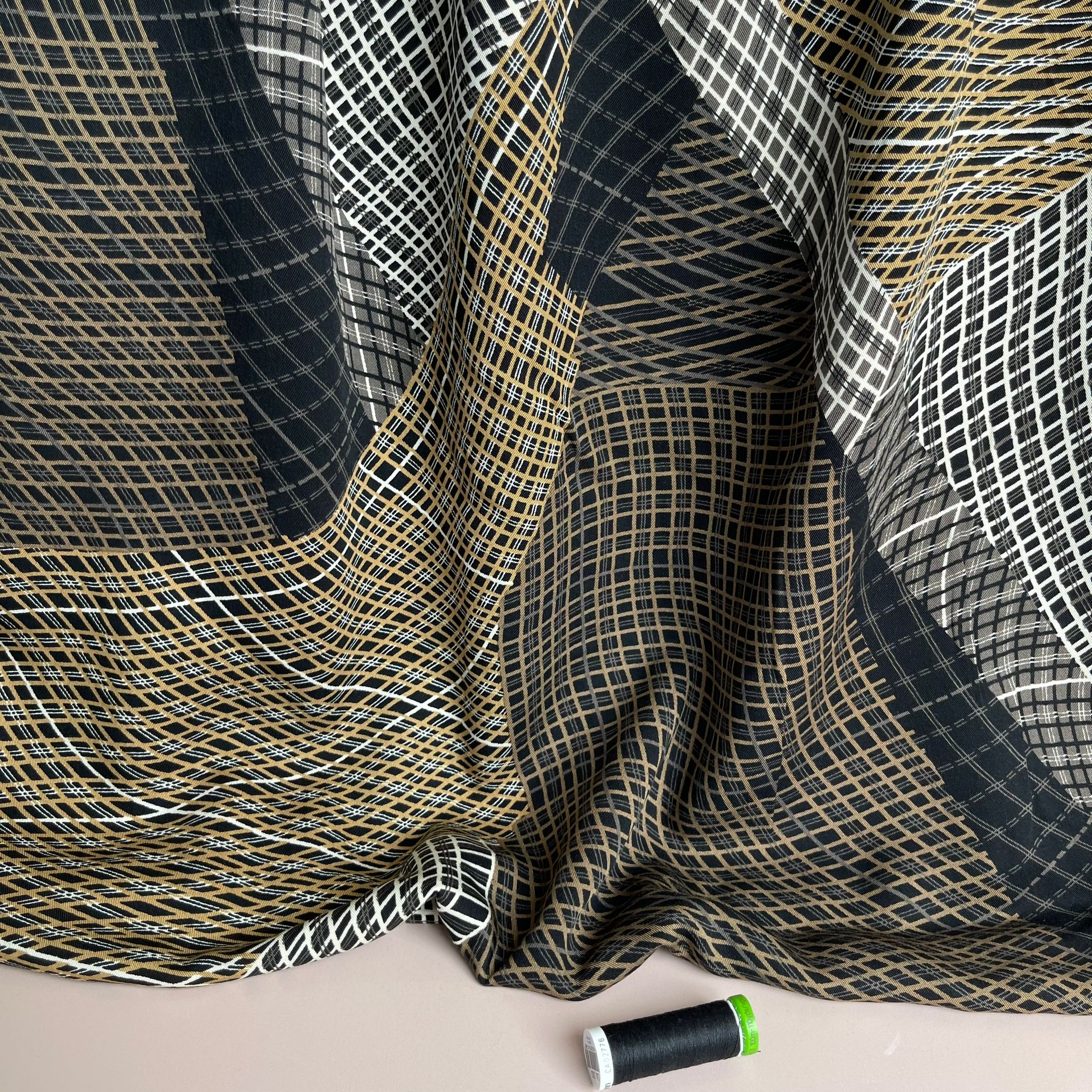 Golden Abstract Grids Viscose Twill Fabric