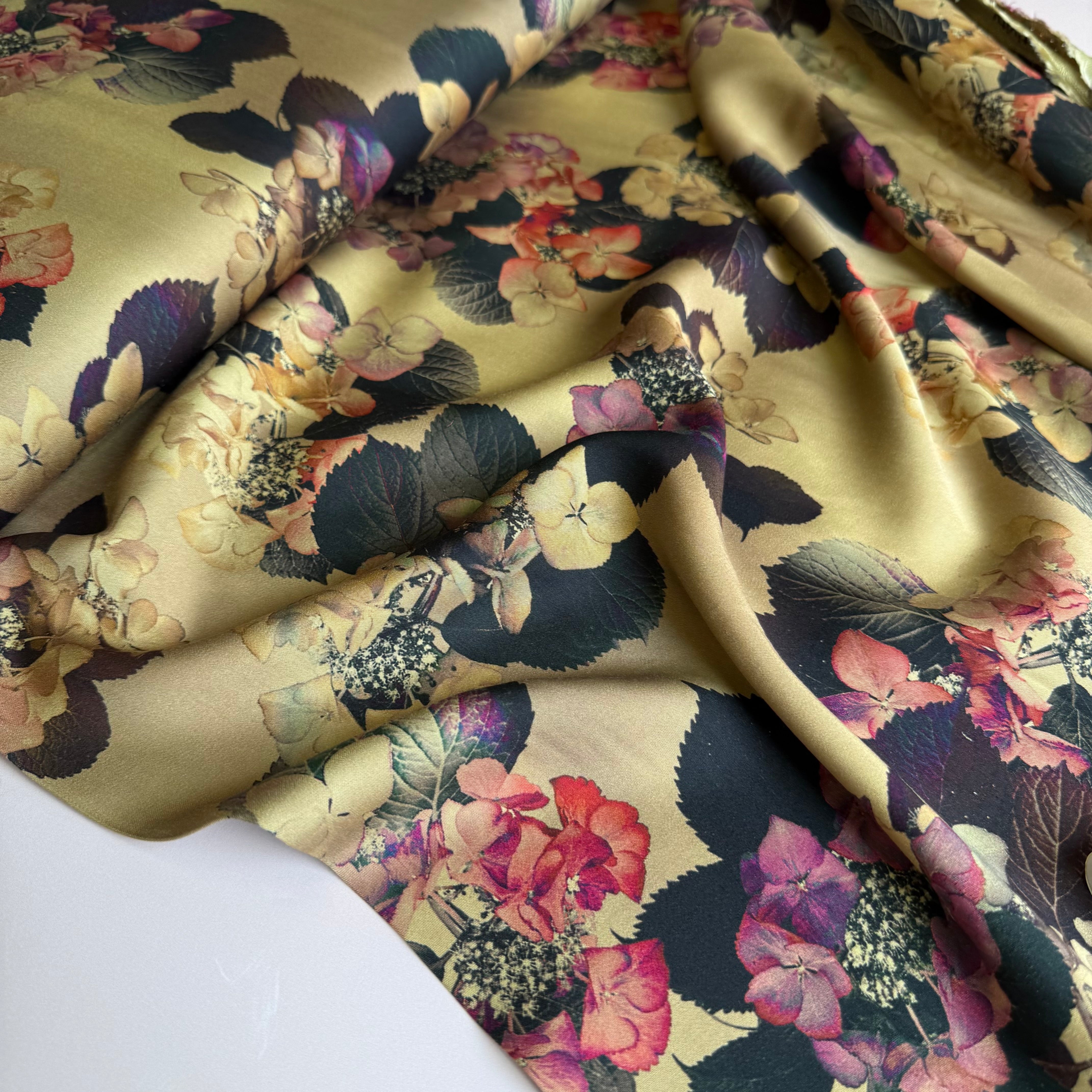 Hydrangeas on Gold Beige Viscose Sateen Fabric
