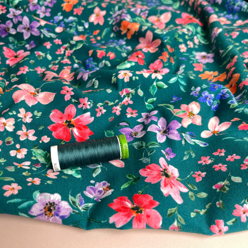 REMNANT 1.19 Metres - Small Flowers on Teal Cotton French Terry