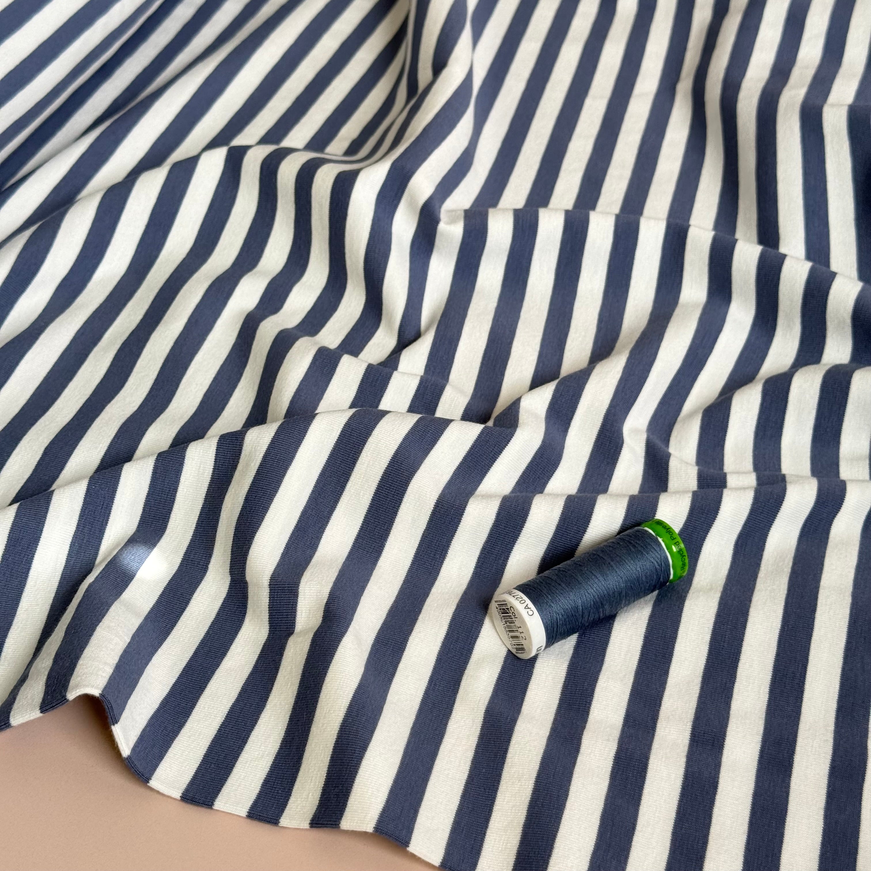 Yarn Dyed Denim Blue Breton Stripe Cotton Jersey Fabric