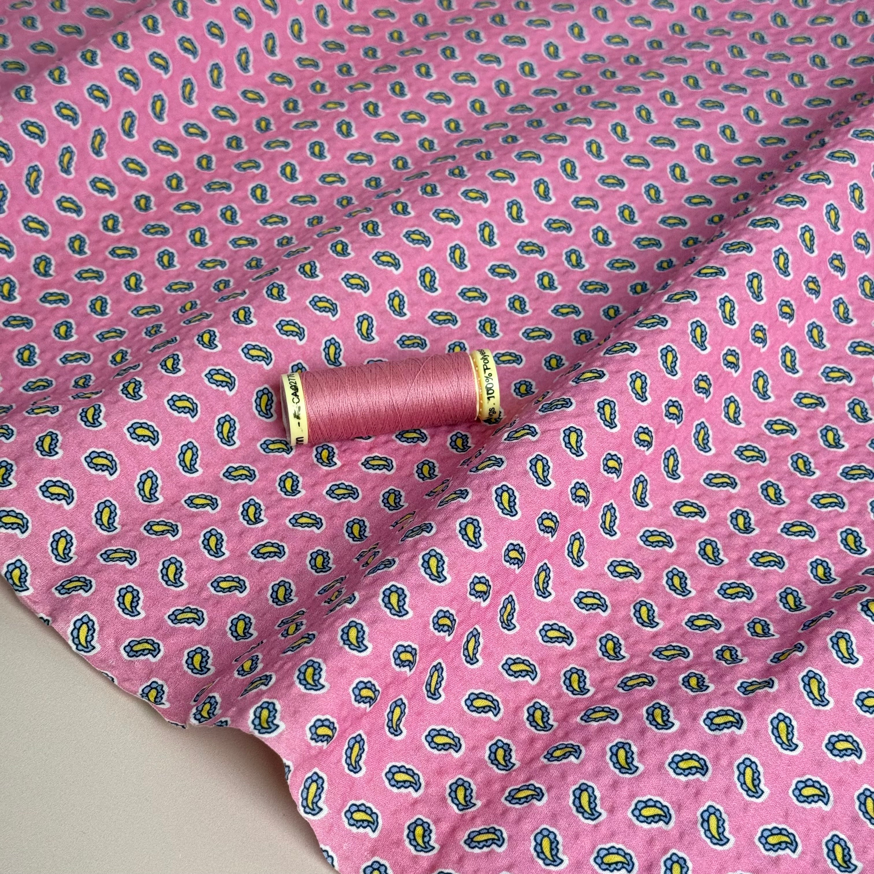 Ex-Designer Deadstock Paisley on Pink Cotton Seersucker