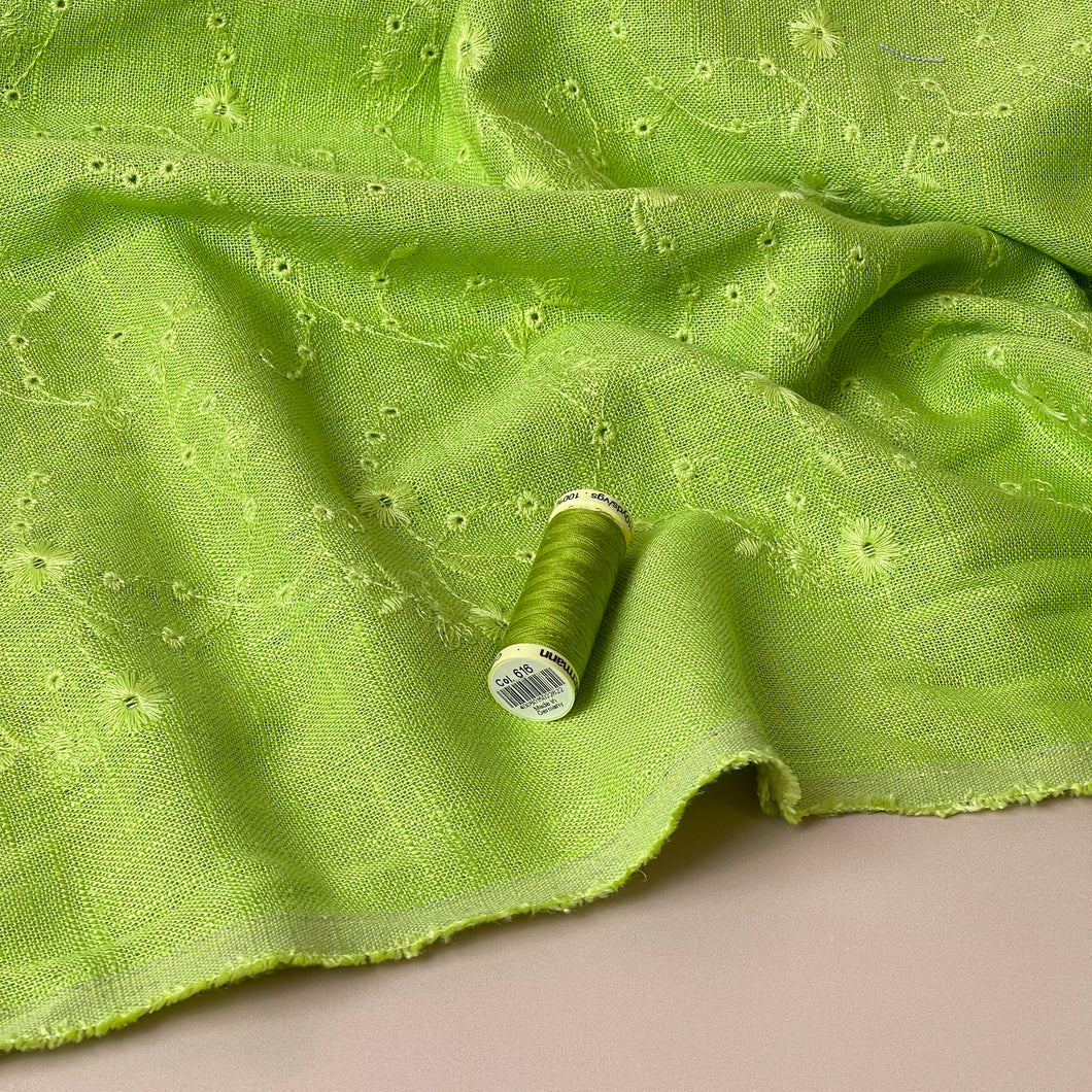 Floral Vines on Lime Embroidered Viscose Linen Fabric