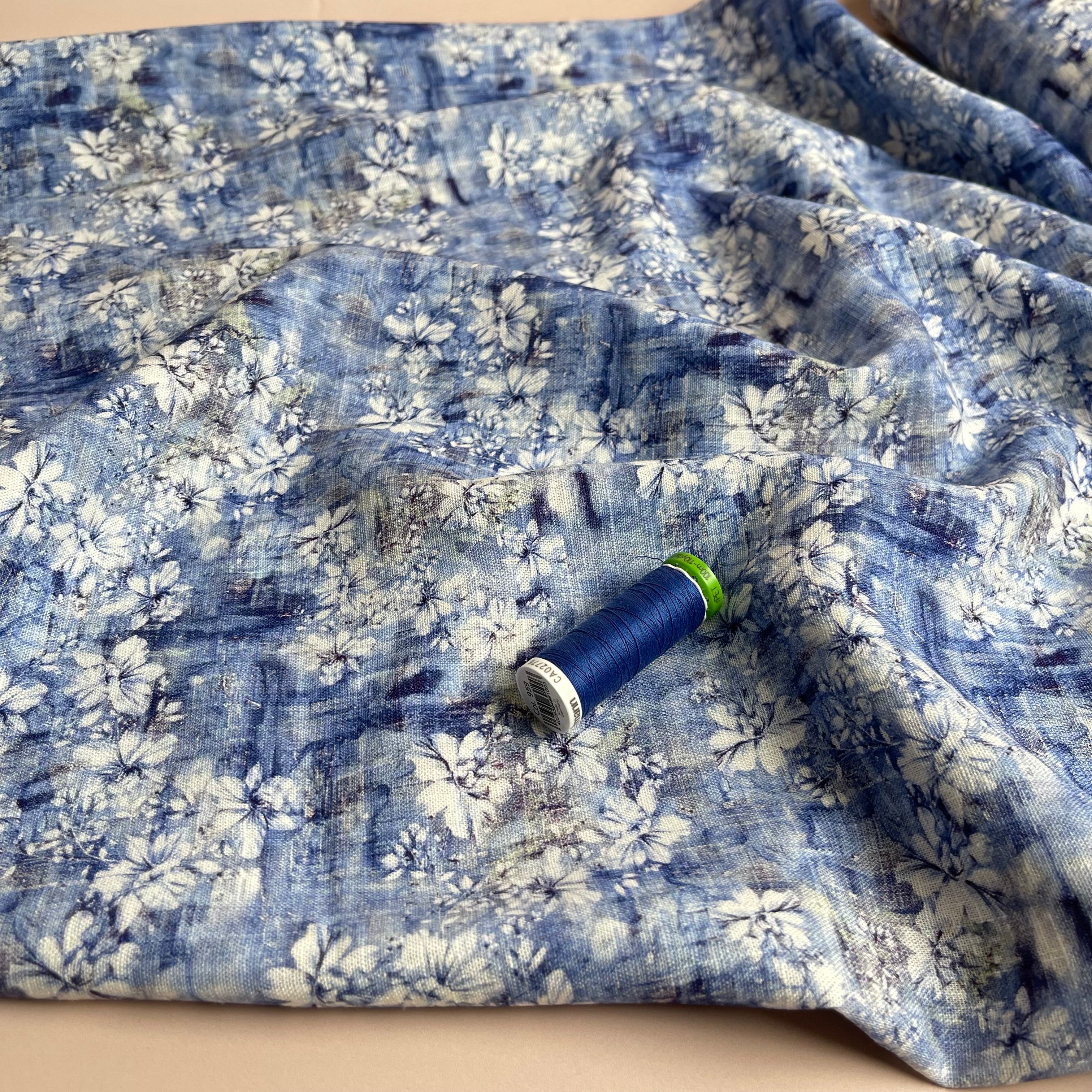 Hazy Flowers on Blue Linen Viscose Blend Fabric