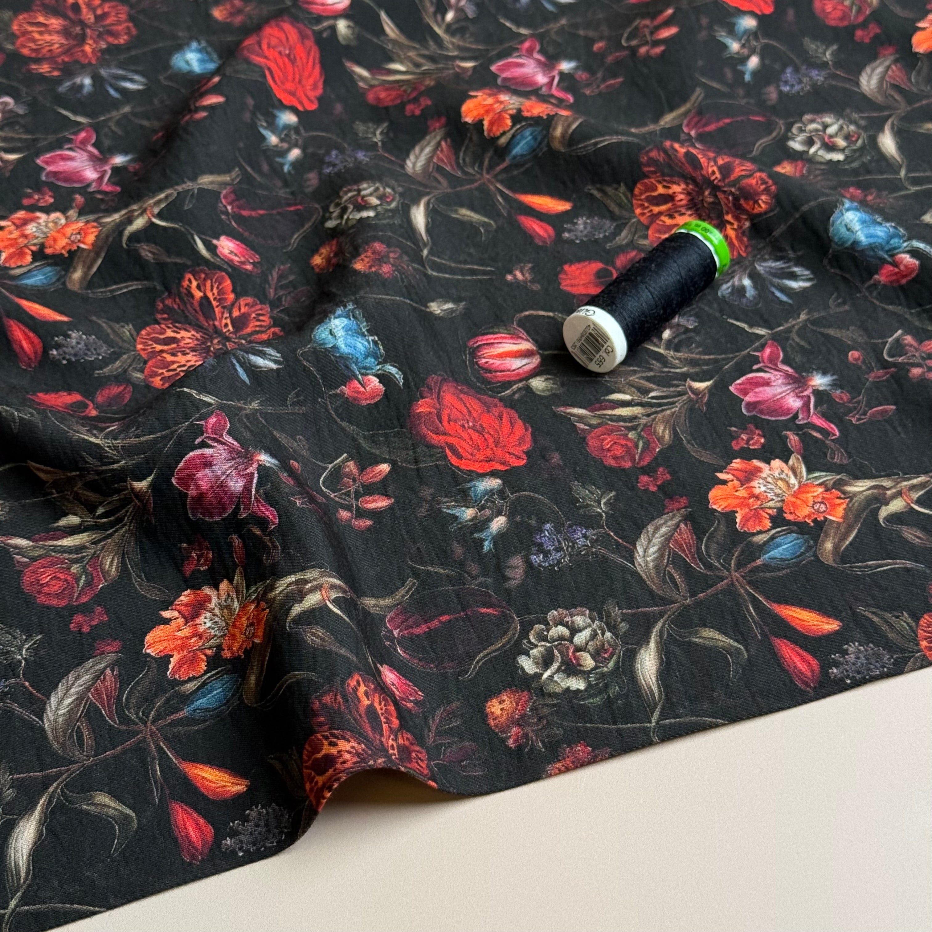 Winter Flowers Black Fine Viscose Twill
