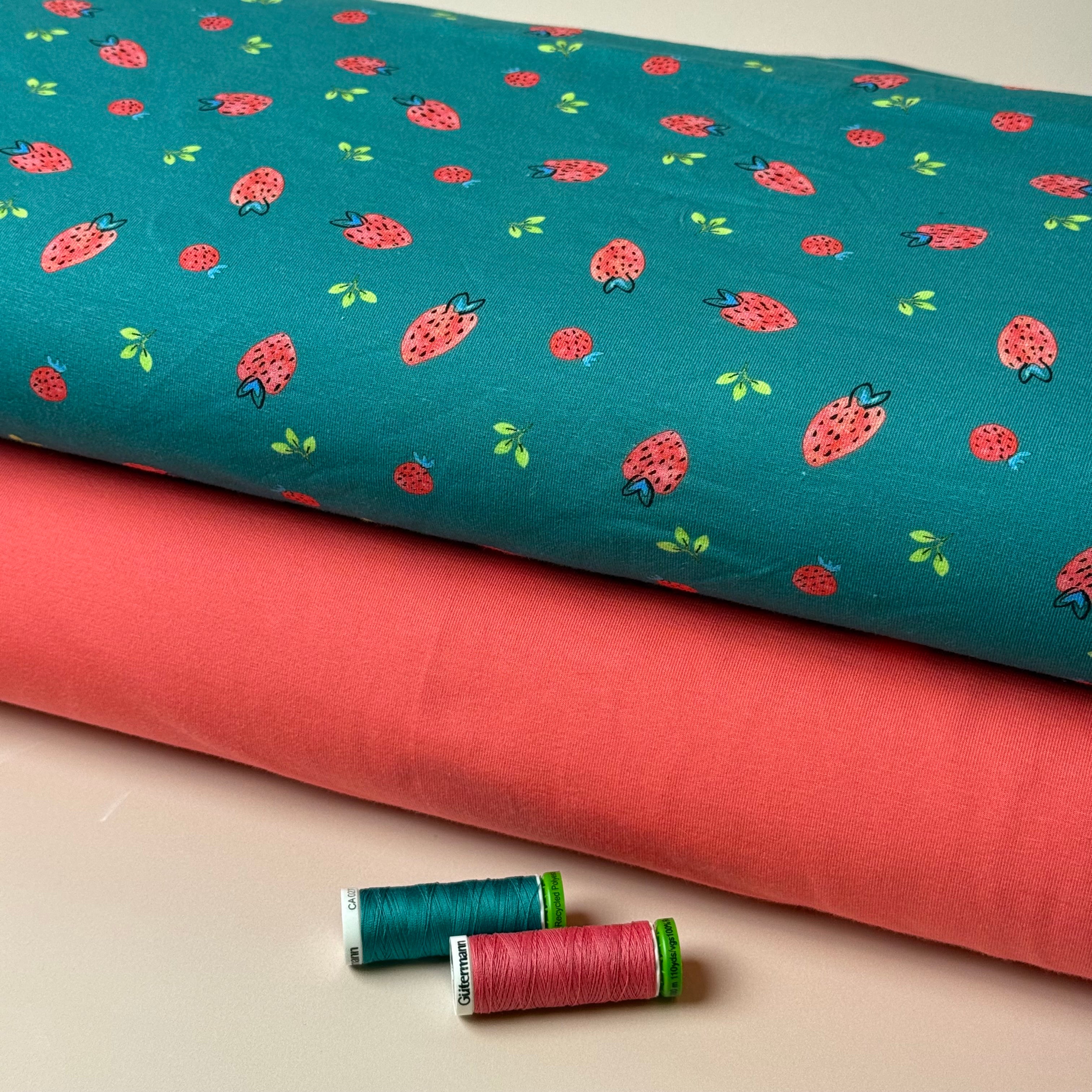 Strawberries on Teal Cotton Jersey Fabric