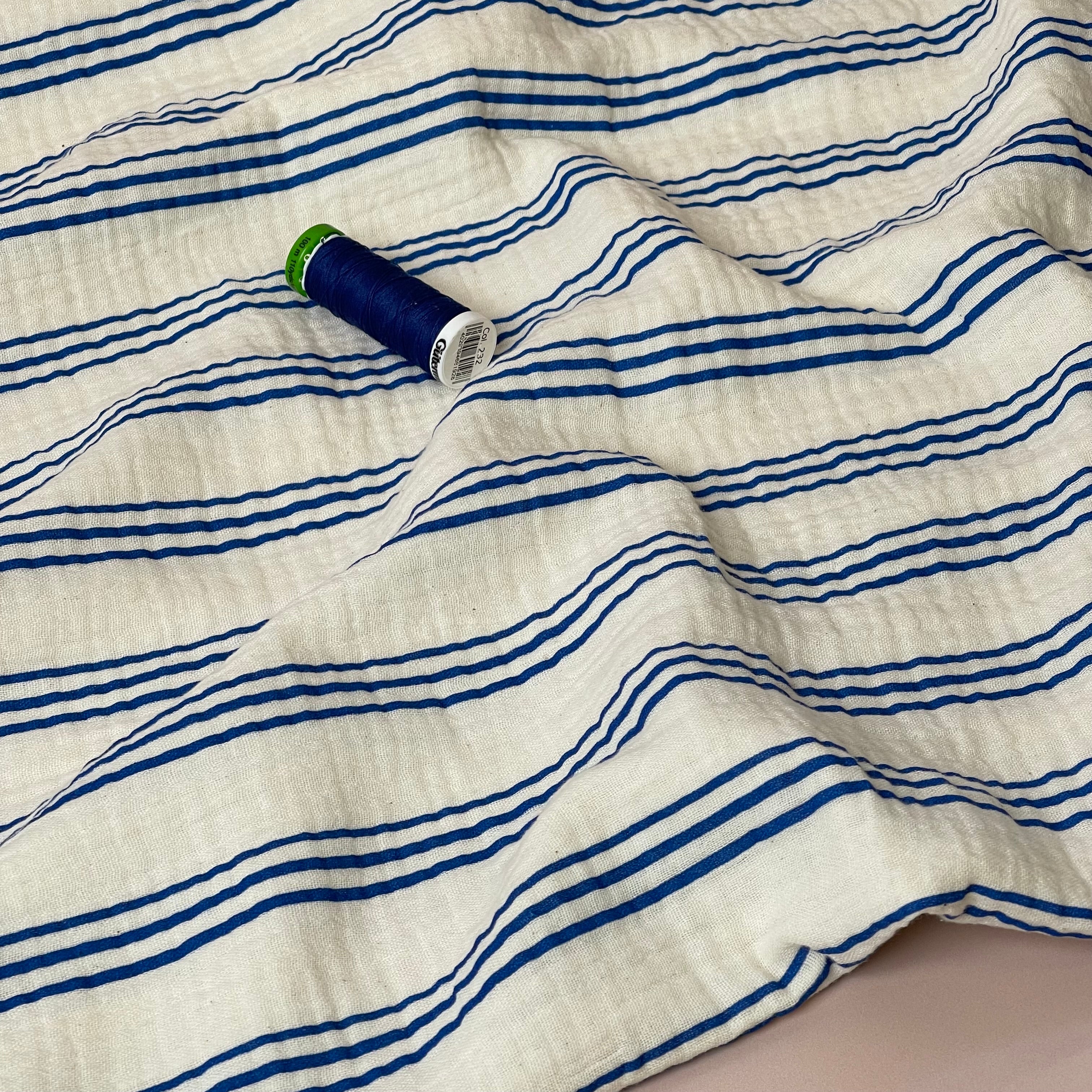 Yarn Dyed Cobalt Stripes GOTS Organic Cotton Double Gauze