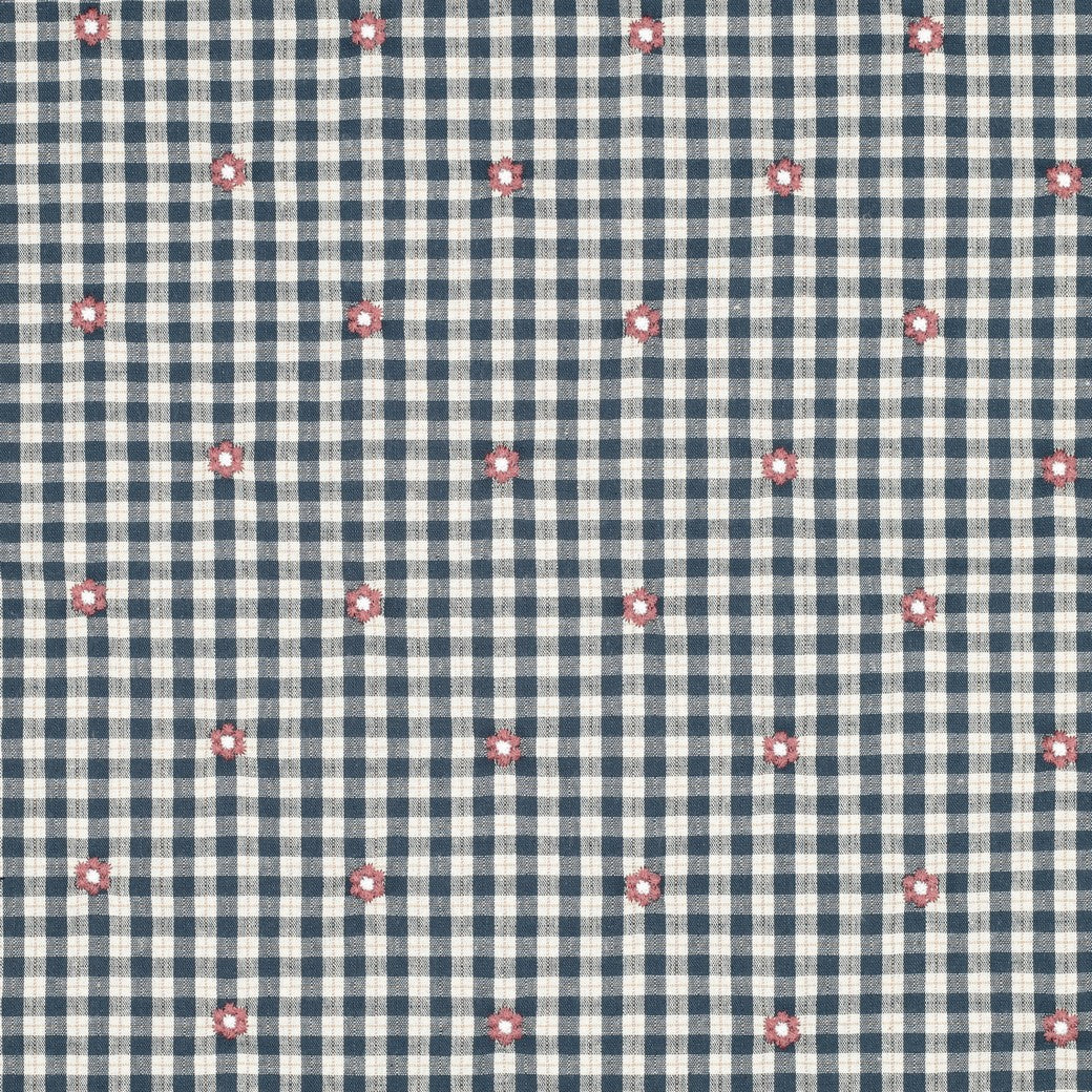 Embroidered Flowers on Petrol Gingham Cotton Viscose Fabric