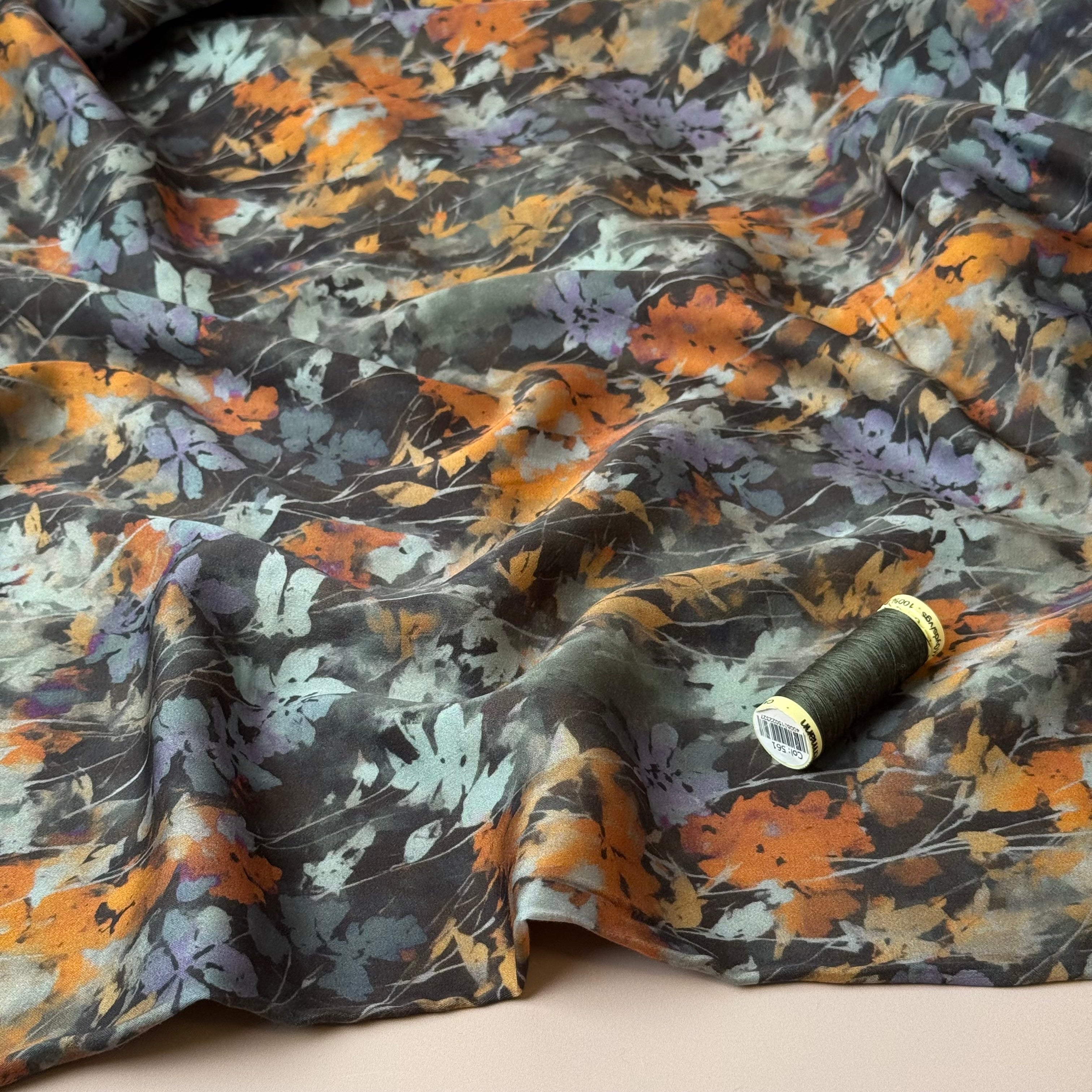 Hazy Autumn Flowers Dark Viscose Sateen Fabric