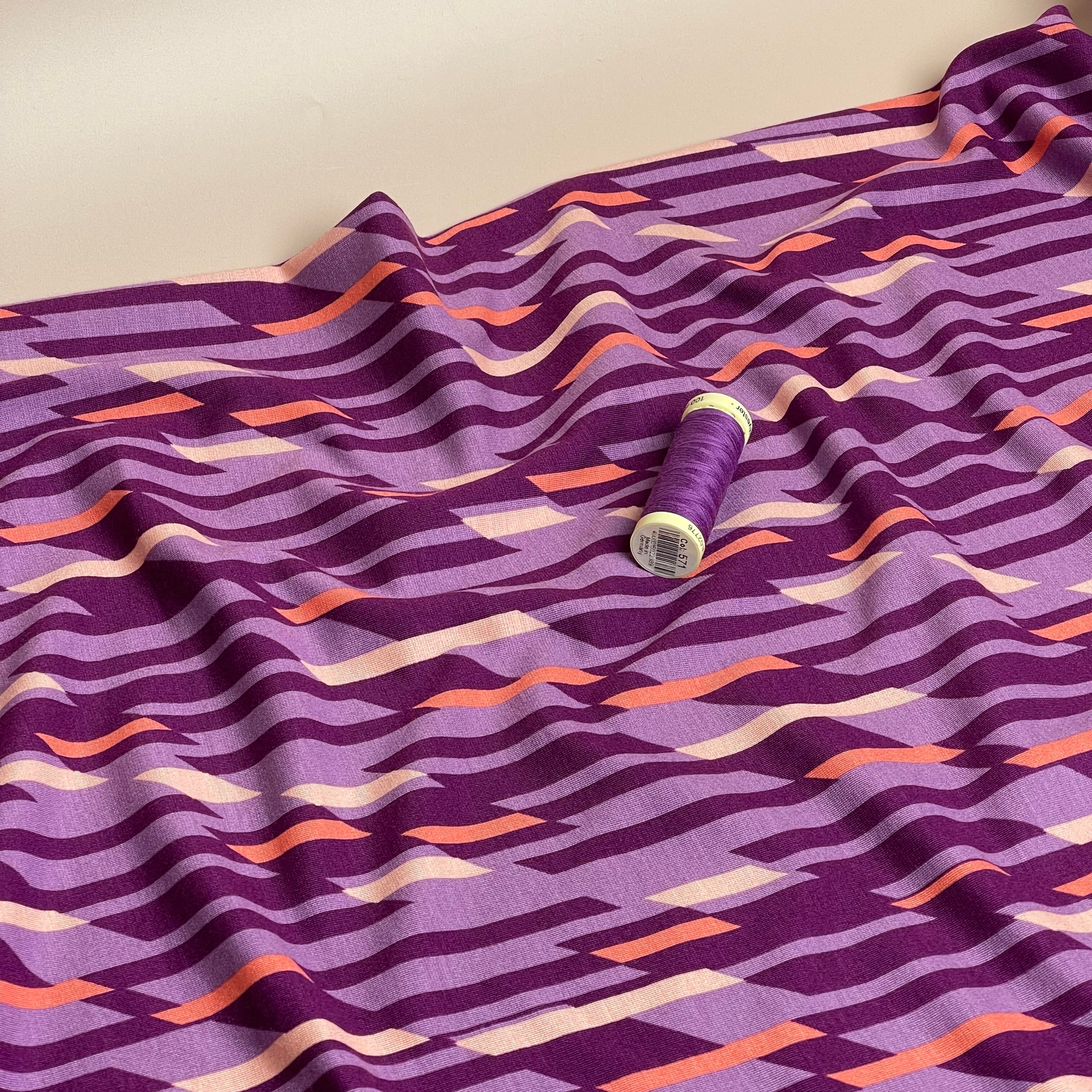 Abstract Lines Purple Viscose Ponte Roma Double Knit Fabric