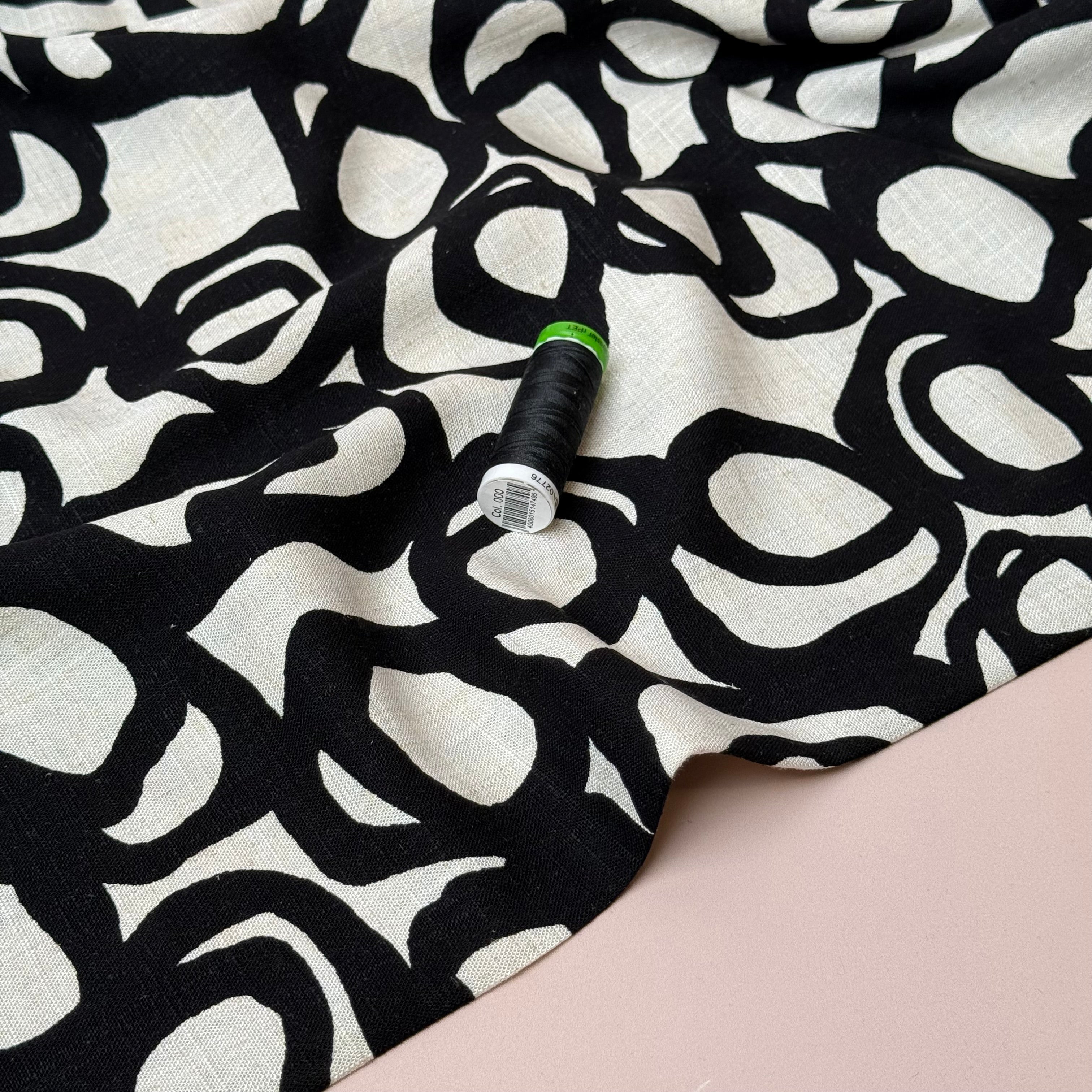 Swirls Black on Neutral Viscose Linen Fabric