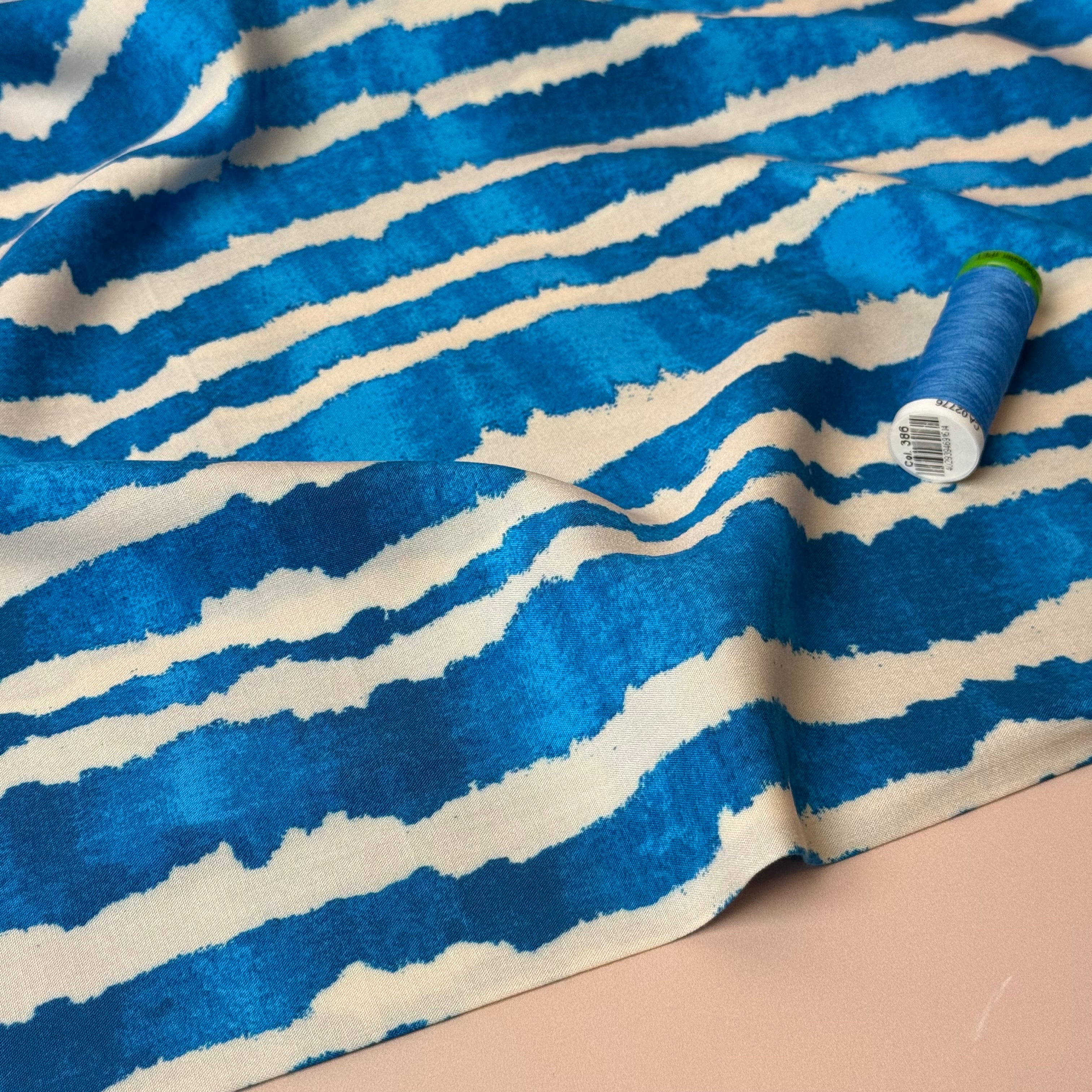 Hazy Stripes Ocean Viscose Poplin Fabric