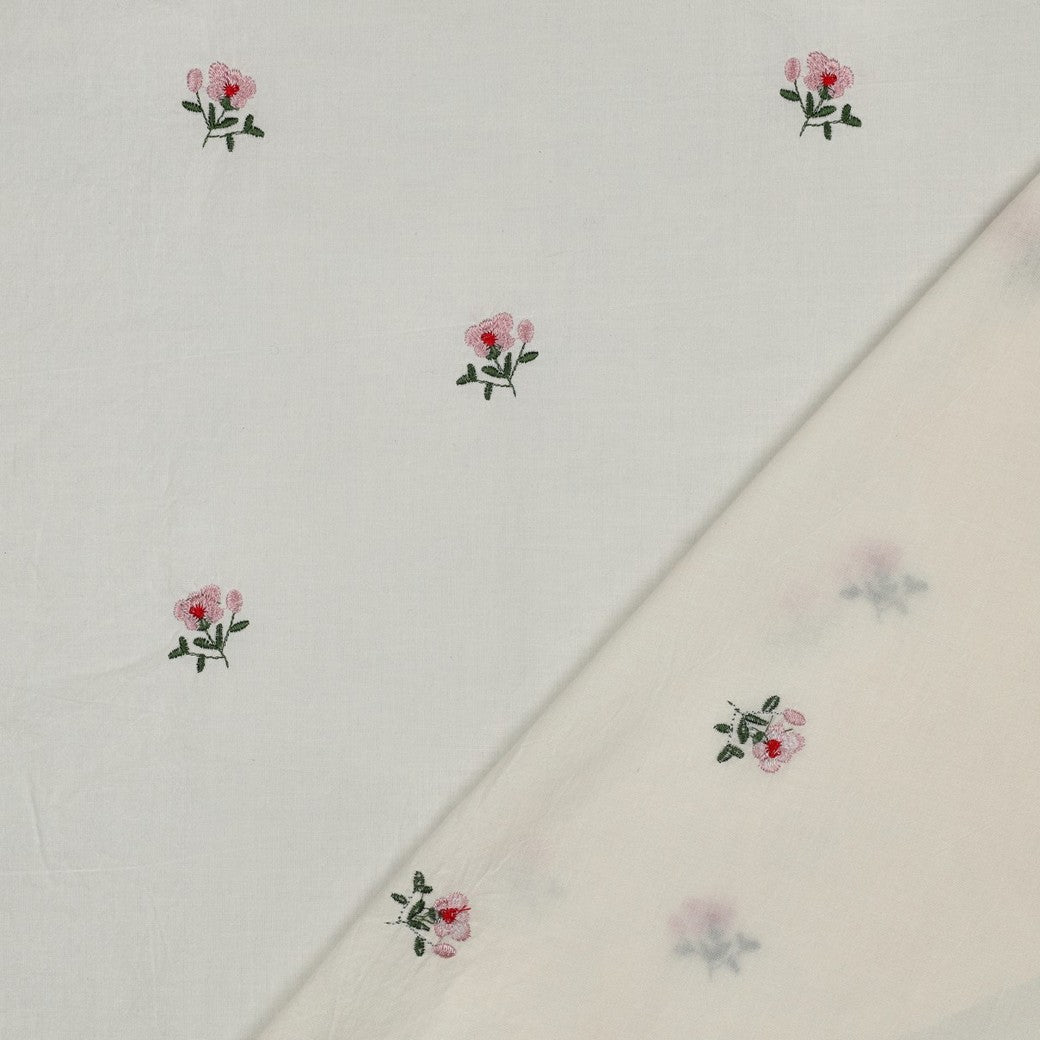 Embroidered Pink Flowers on White Cotton Fabric