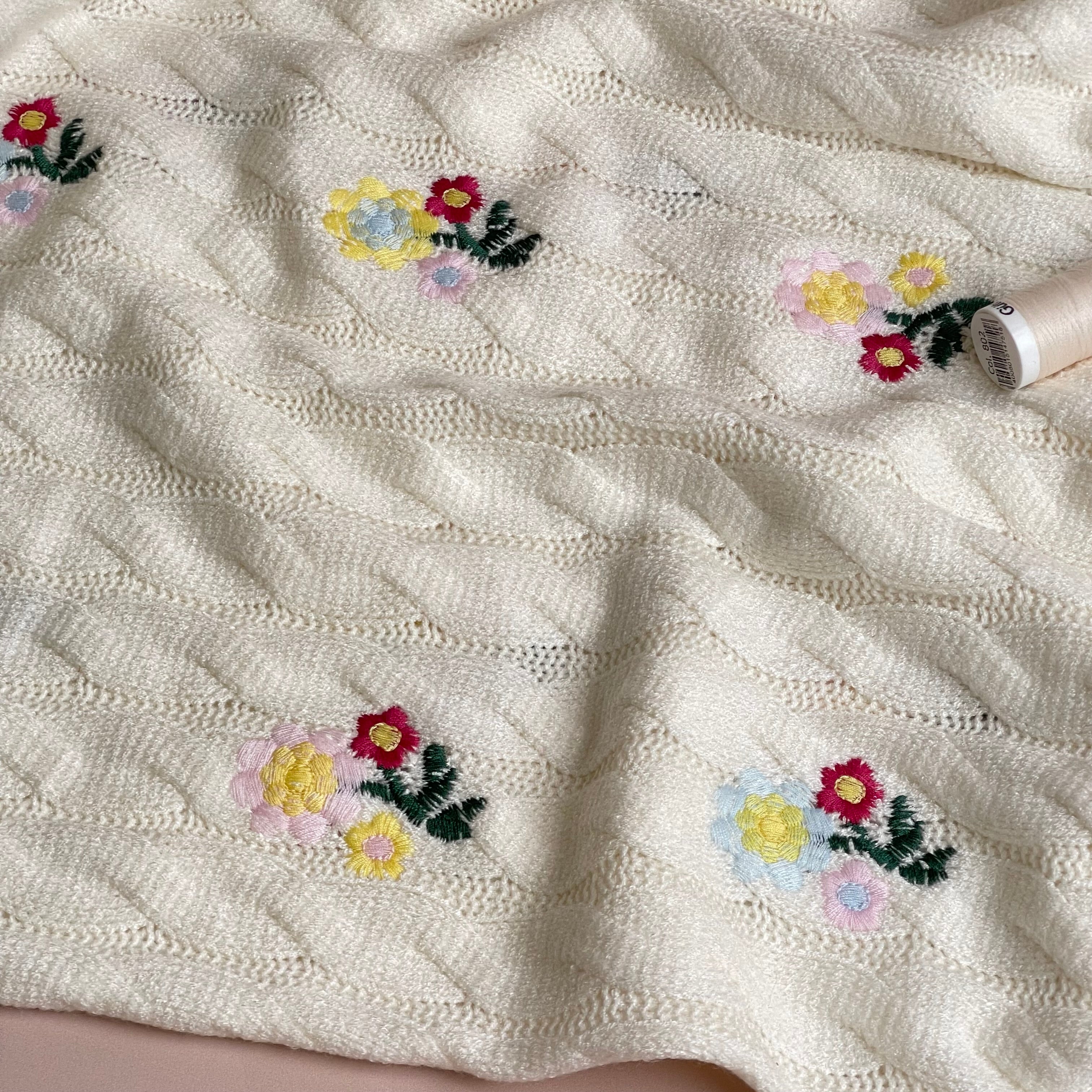 Embroidered Floral Nordic Cable Knit in Ecru
