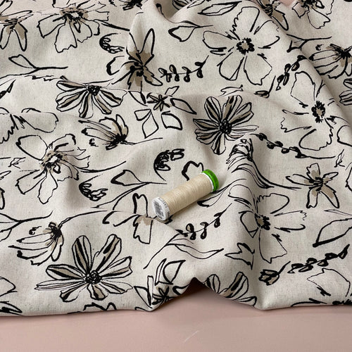 Sketched Flowers Taupe Viscose Linen Fabric