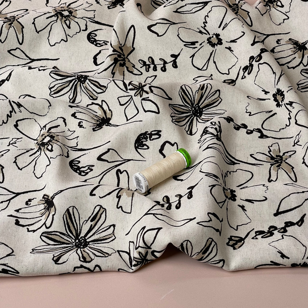 Sketched Flowers Taupe Viscose Linen Fabric