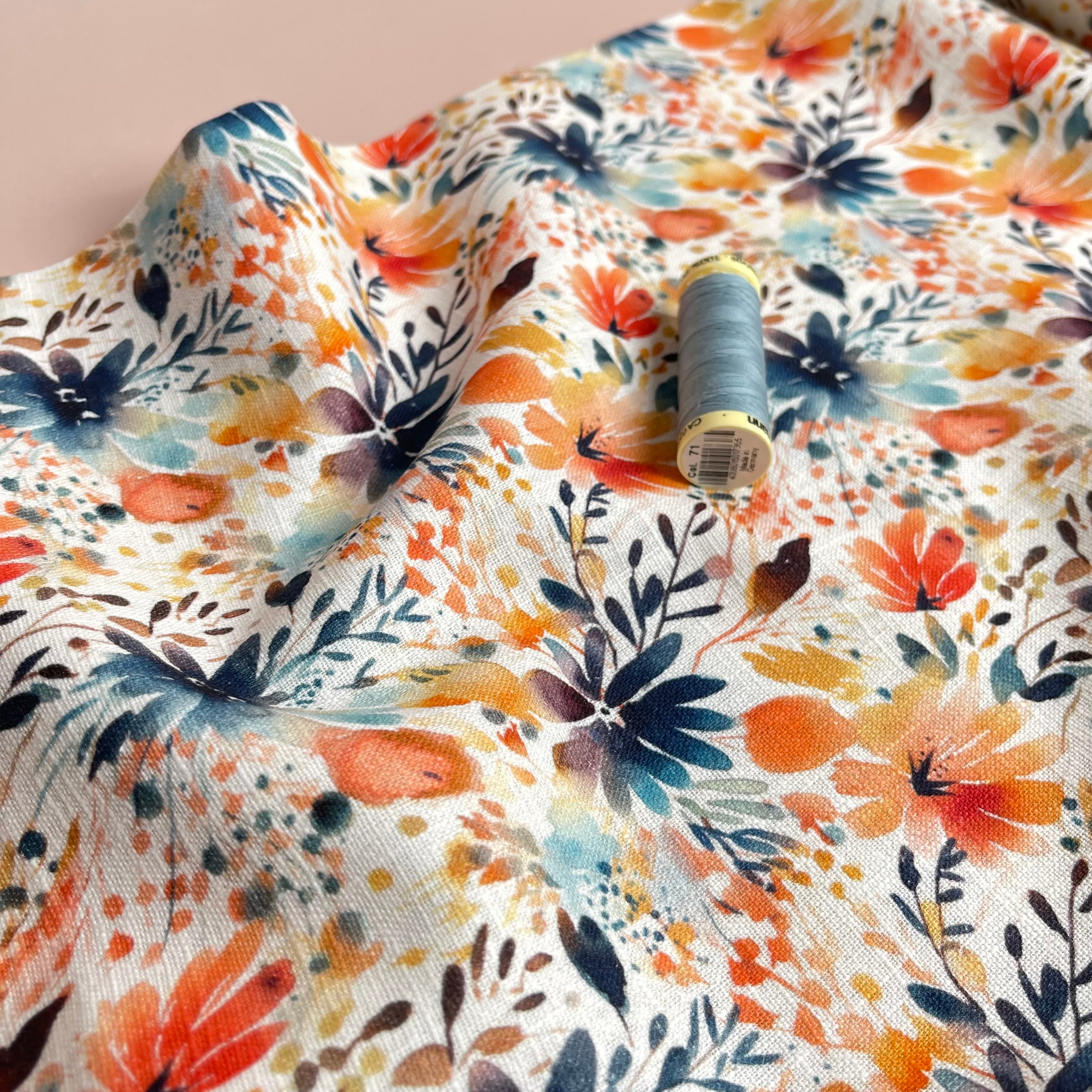 Orange Flowers Linen Cotton Blend Fabric