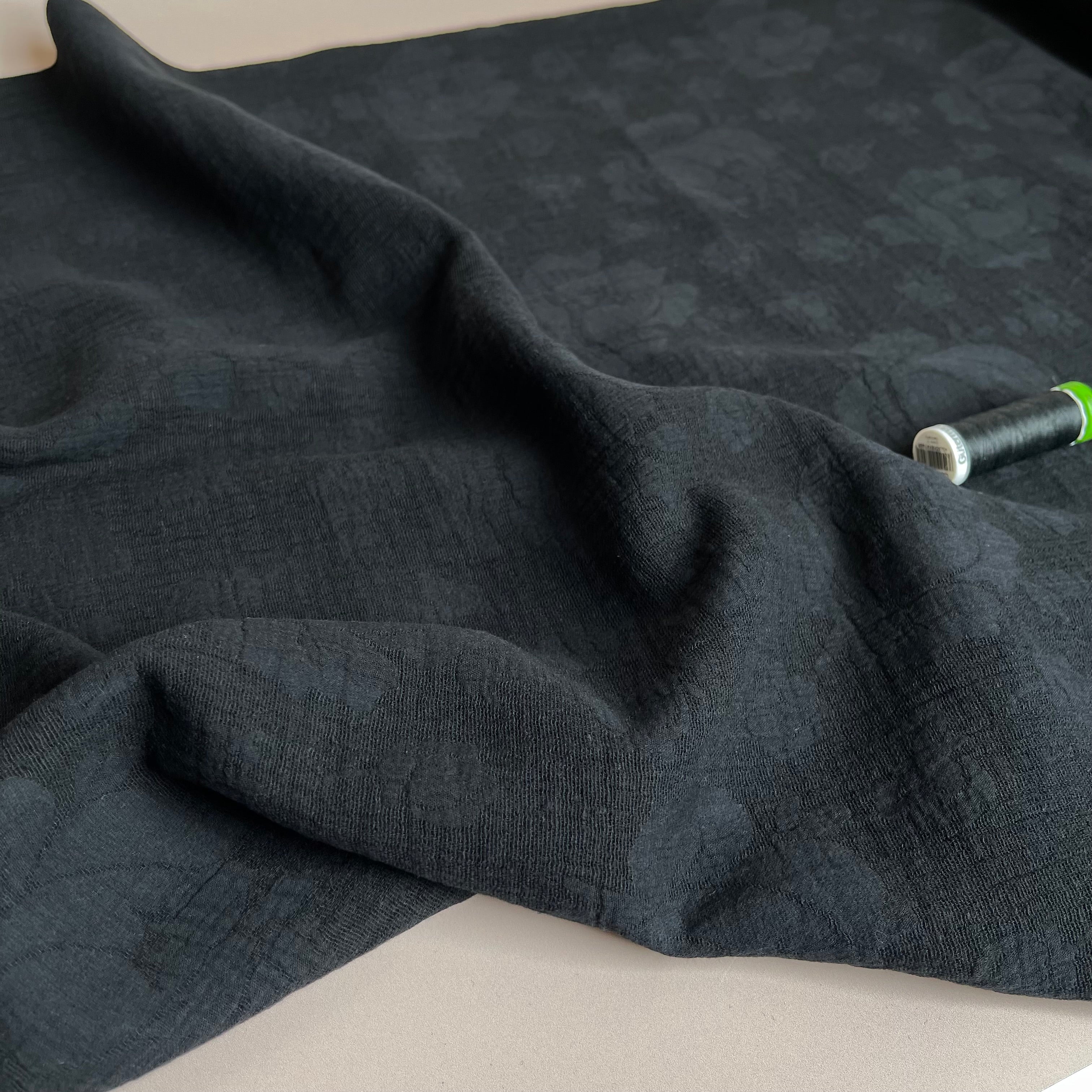 Peonies Black Cotton Linen Jacquard Fabric