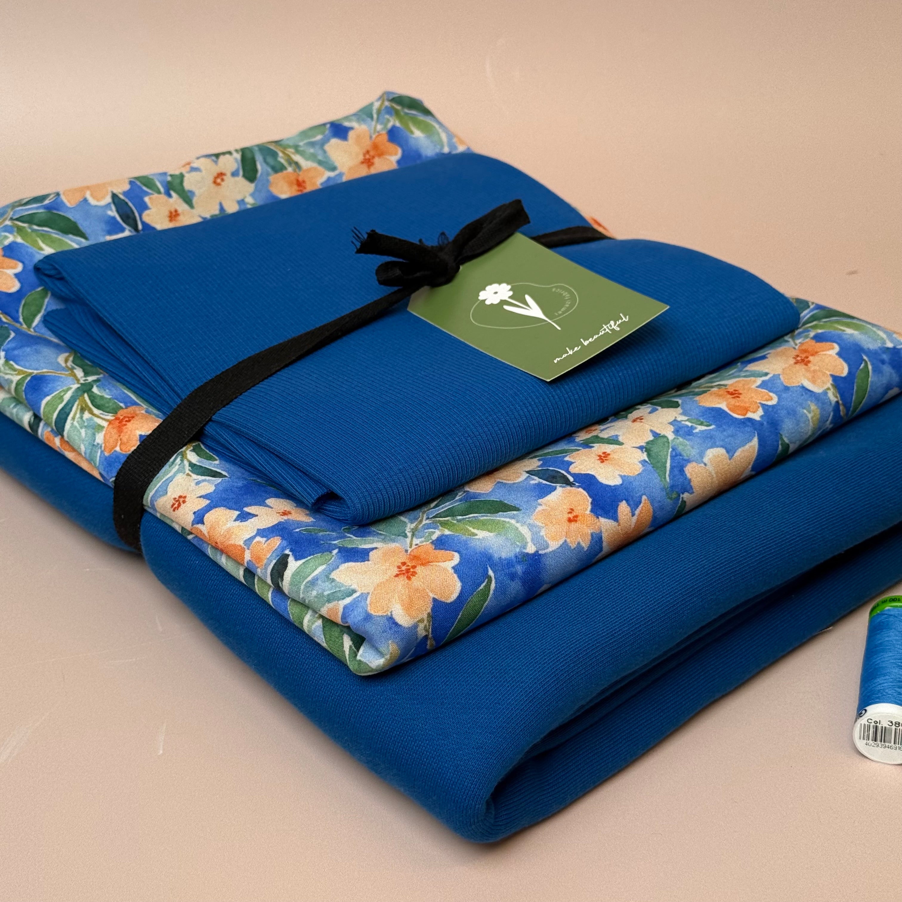 Make an Outfit Colour Bundle - Peach Flowers Viscose & Brushed Sweatshirt in Intense Blue with Ribbing
