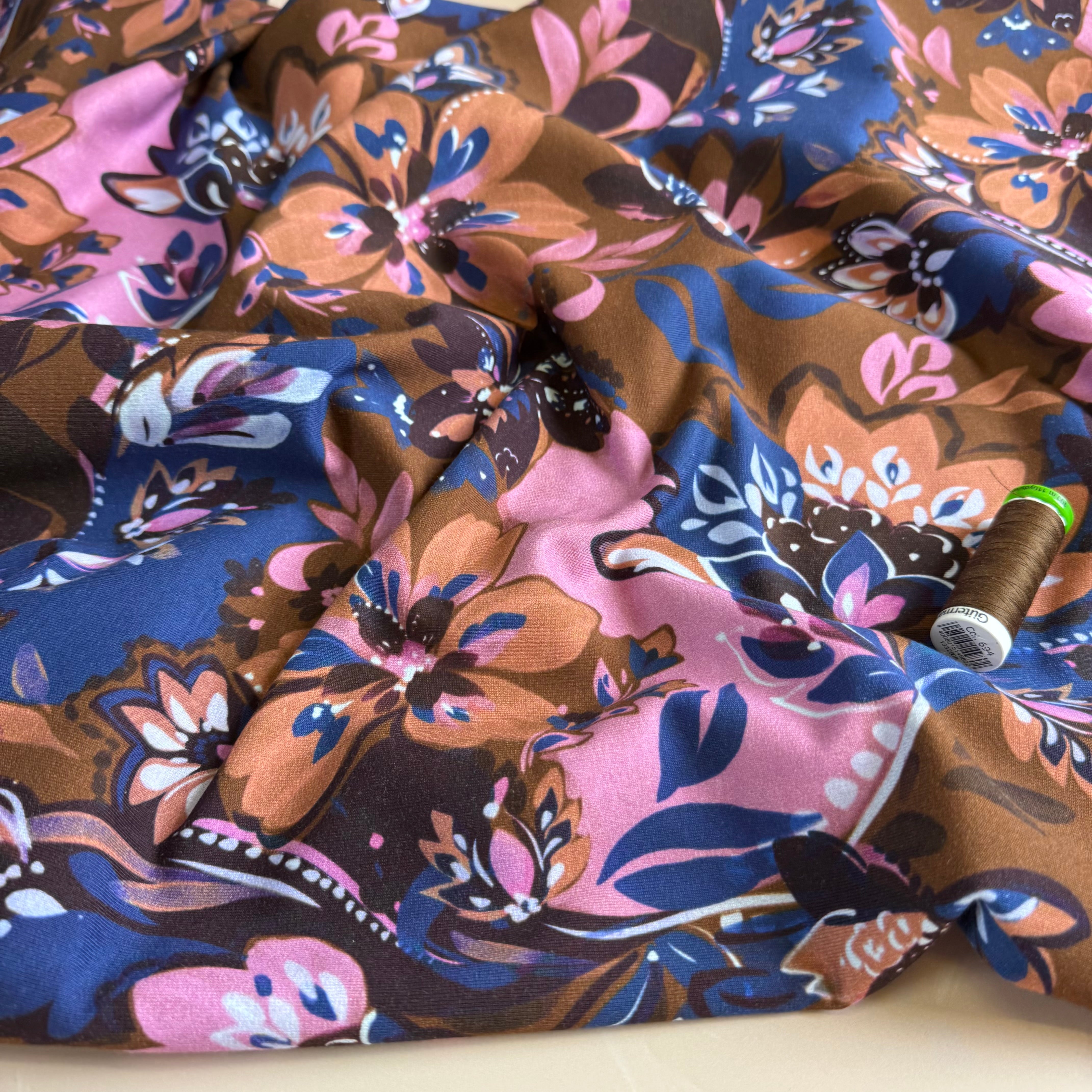 Painted Neutral Flowers on Brown Cotton French Terry