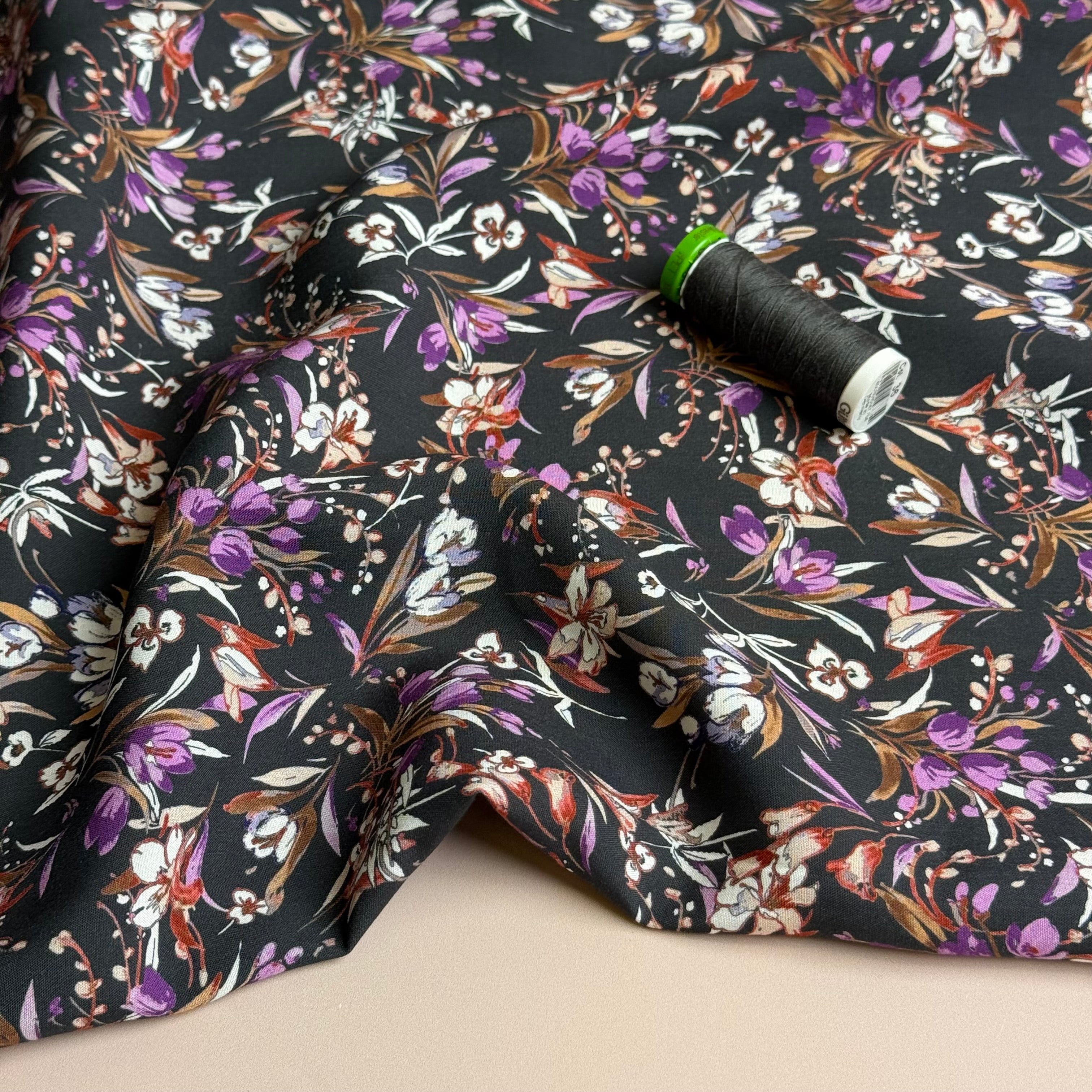 Purple Bouquet on Dark Grey Viscose Poplin Fabric