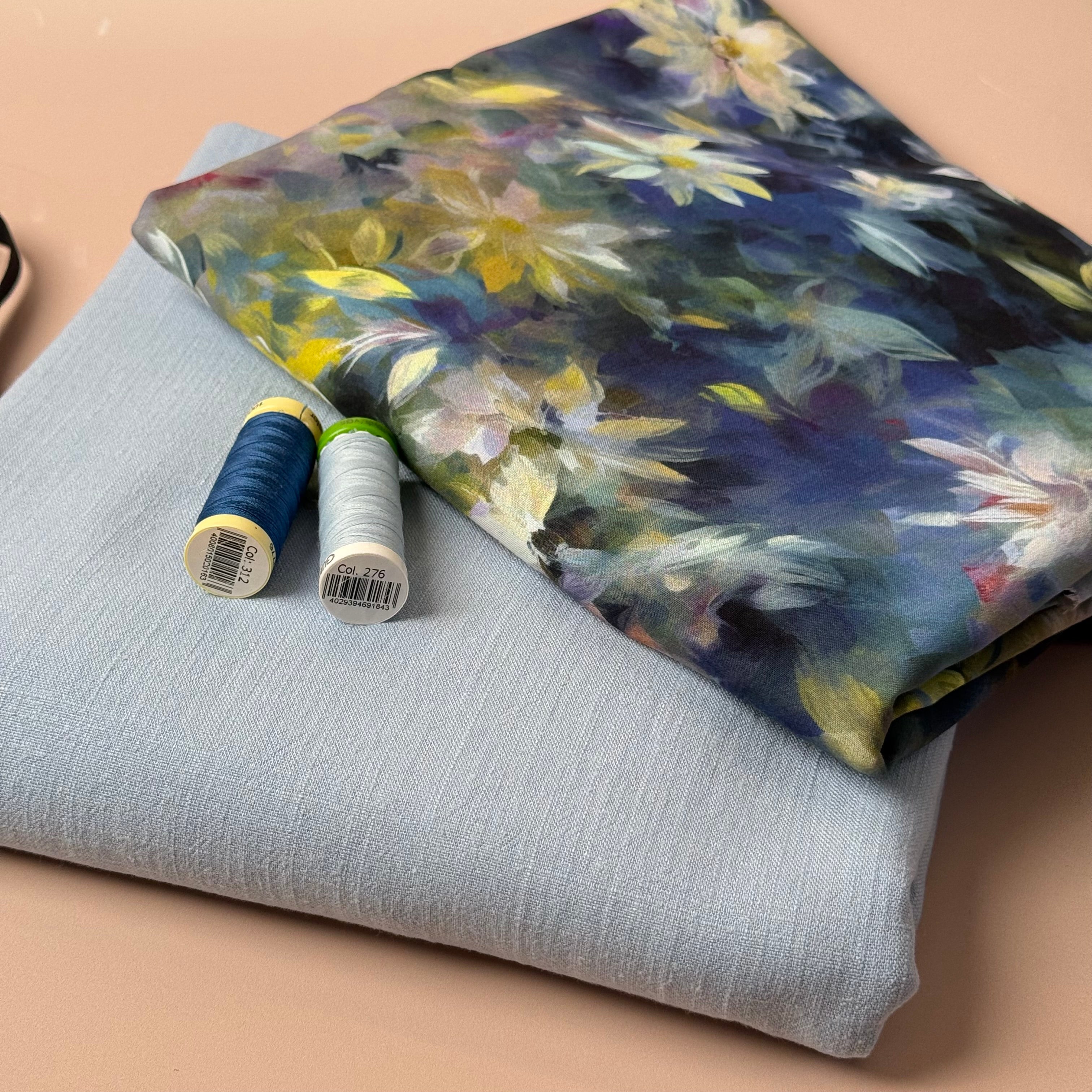 Make an Outfit Colour Bundle - Watercolour Flowers Viscose with Blue Flow Linen Blend