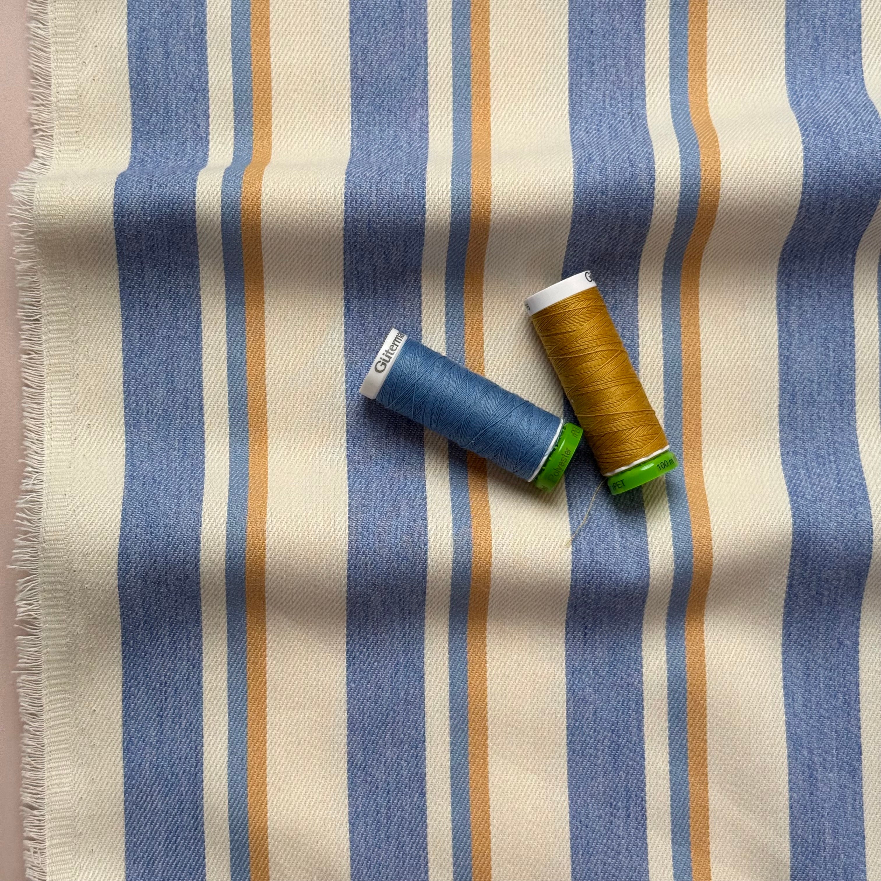PRE-ORDER (arriving by end of July) - Yarn Dyed Striped Cotton Denim in Camel & Blue