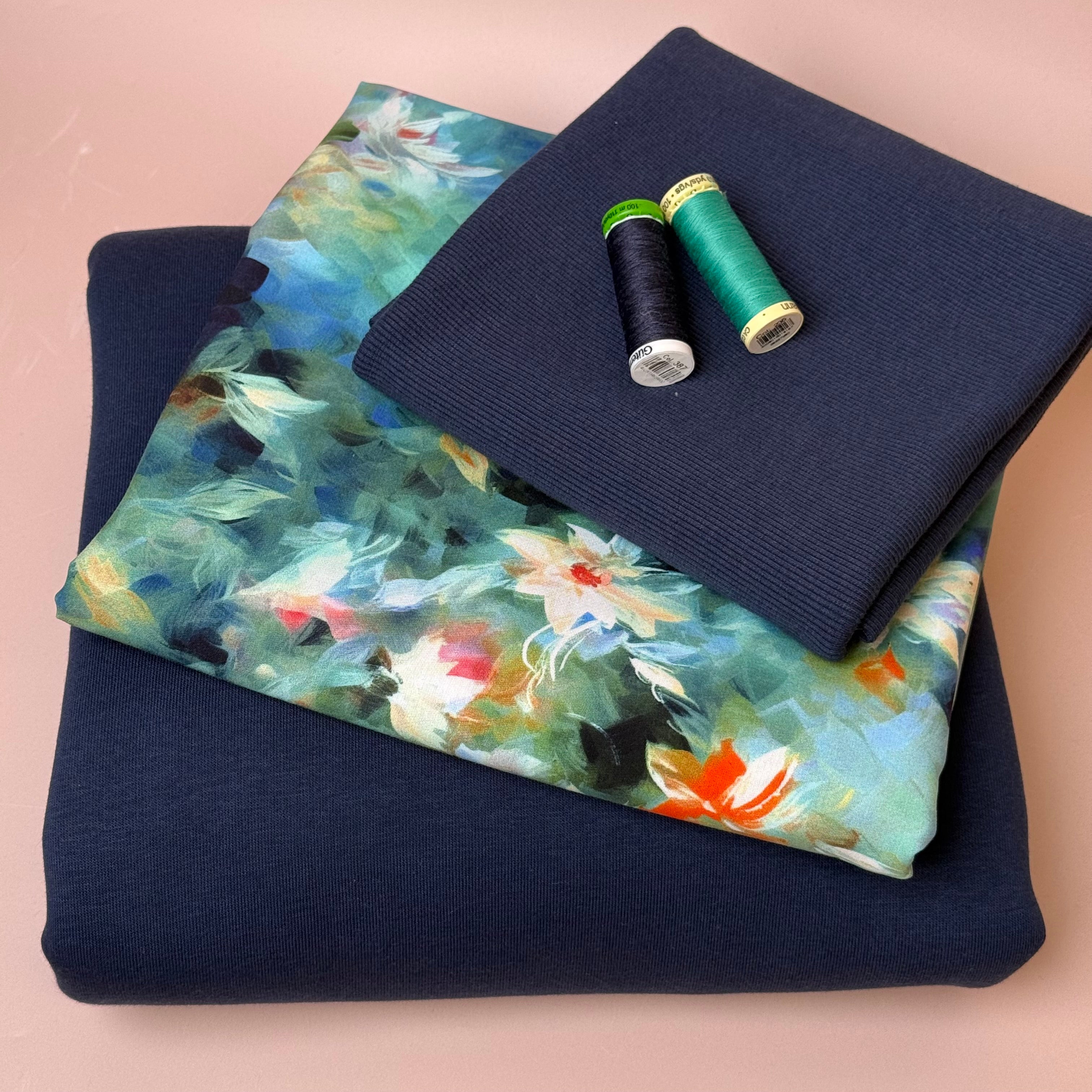 Make an Outfit Colour Bundle - Watercolour Florals Viscose & Sweatshirting in Navy with Ribbing