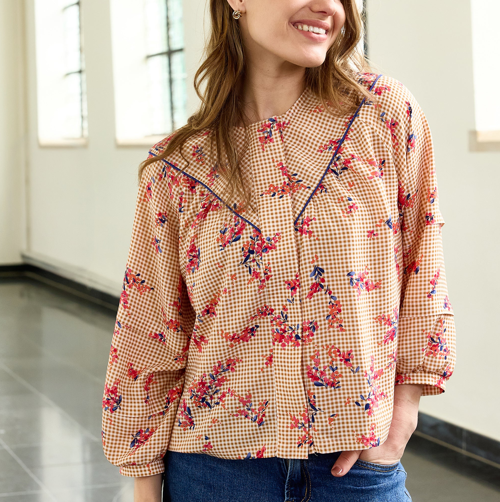 Atelier Jupe - Small Ochre Checks with Flowers Viscose Fabric