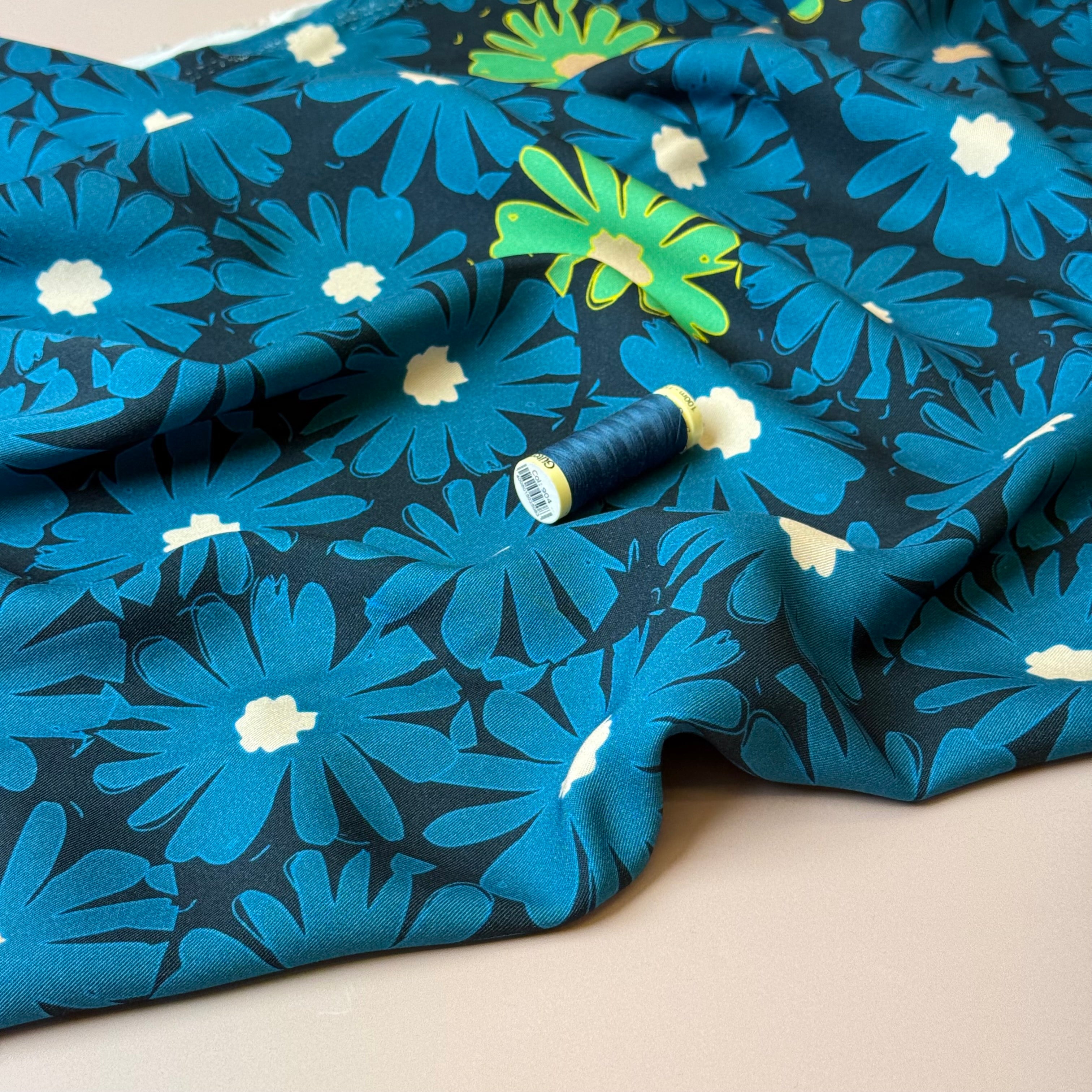 REMNANT 1.6 Metres - Light & Lush - Petrol Blue Daisies Viscose Twill Fabric