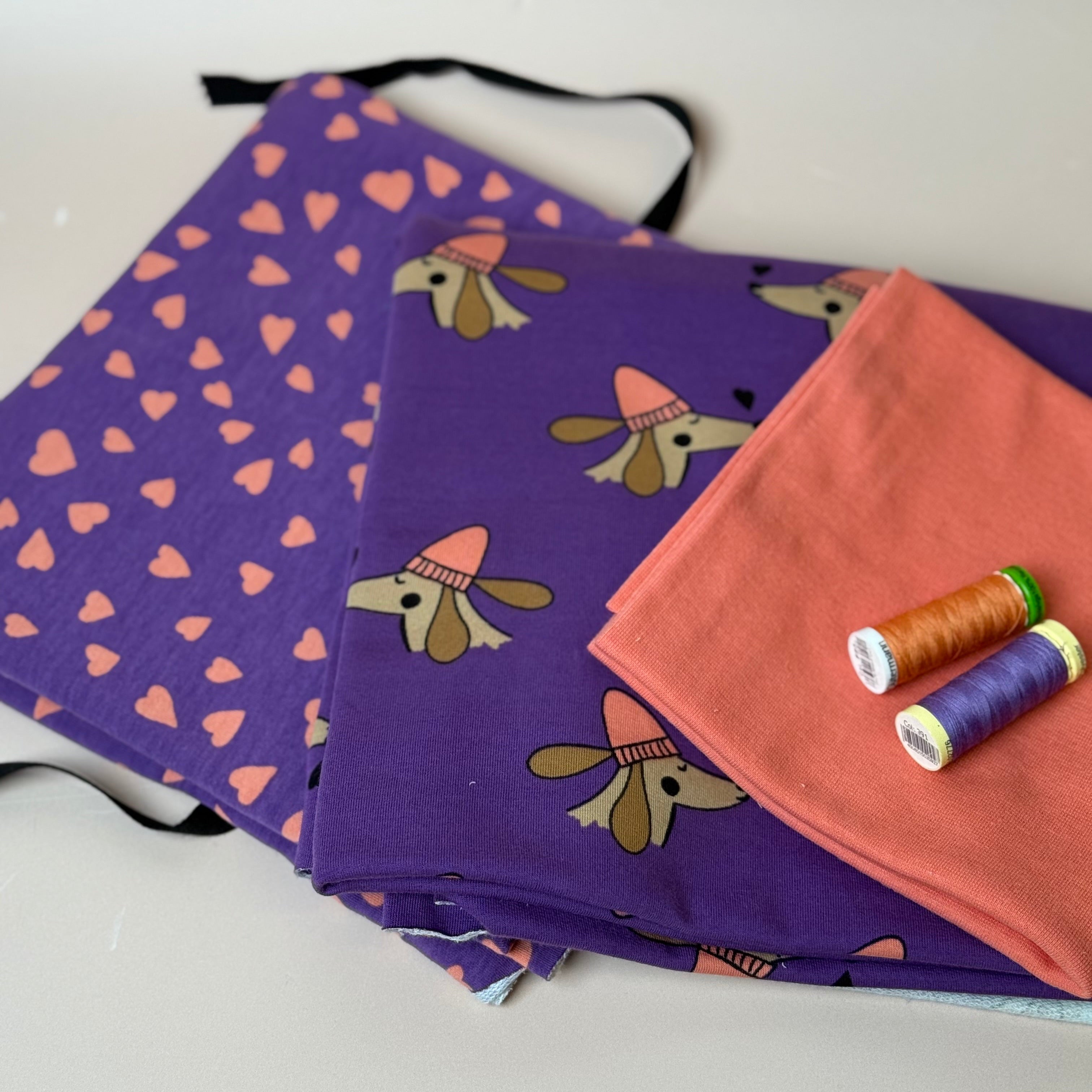 Make an Outfit Colour Bundle - Dogs and Heart Purple Cotton Sweat-shirting with Ribbing
