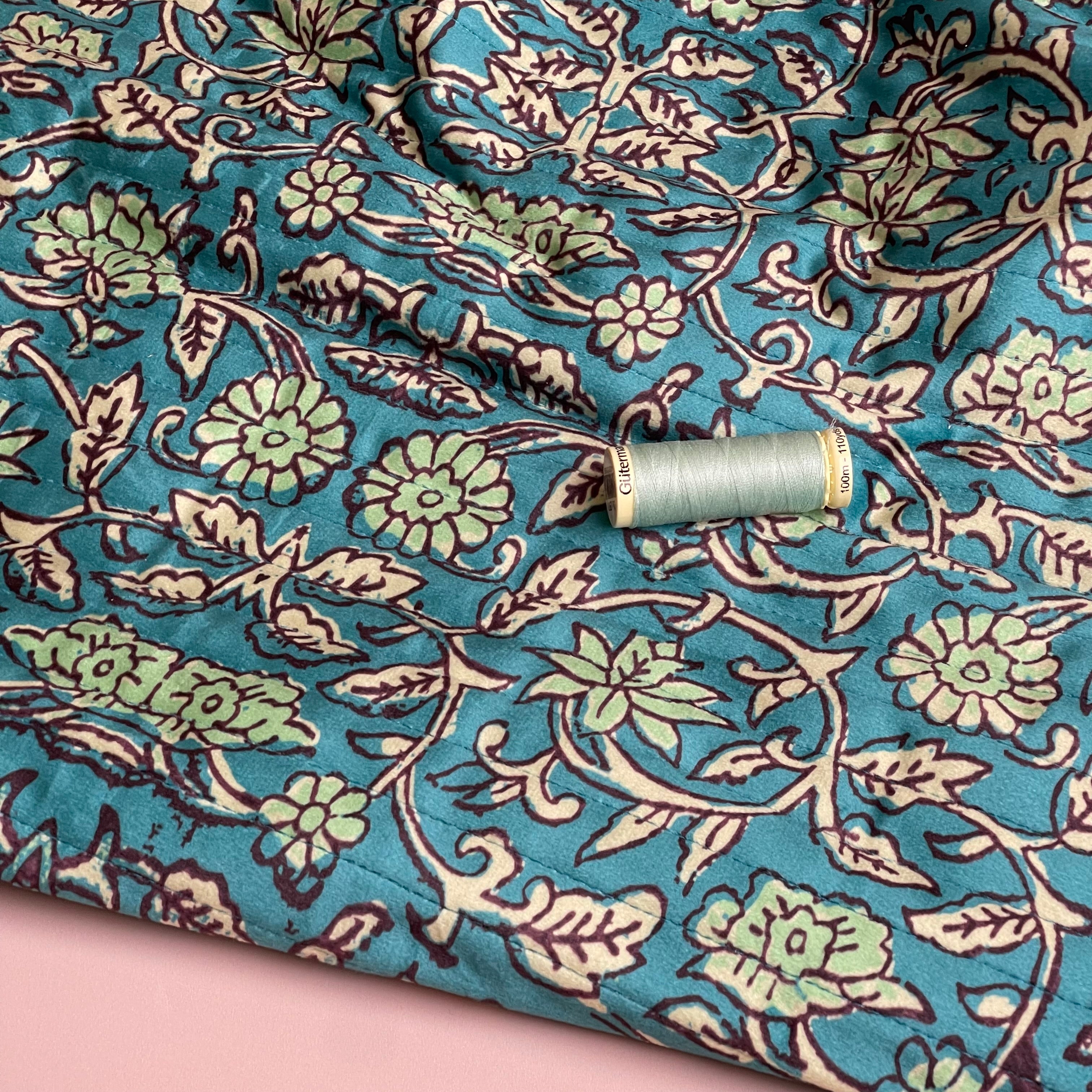 Floral Quilted Velvet Coating Fabric in Petrol & Brown