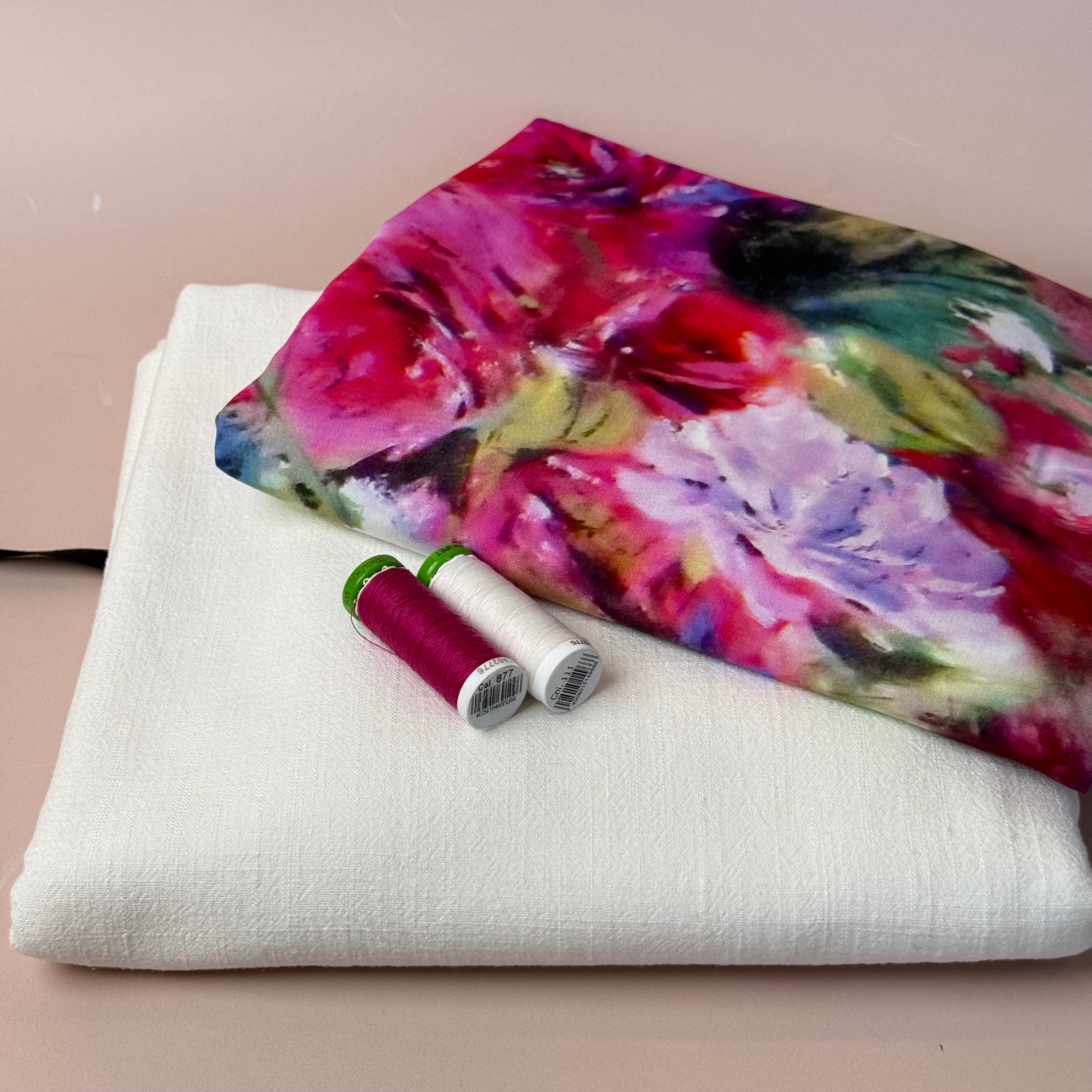 Make an Outfit Colour Bundle - Abstract Watercolour Florals Viscose with Off-White Flow Linen Blend