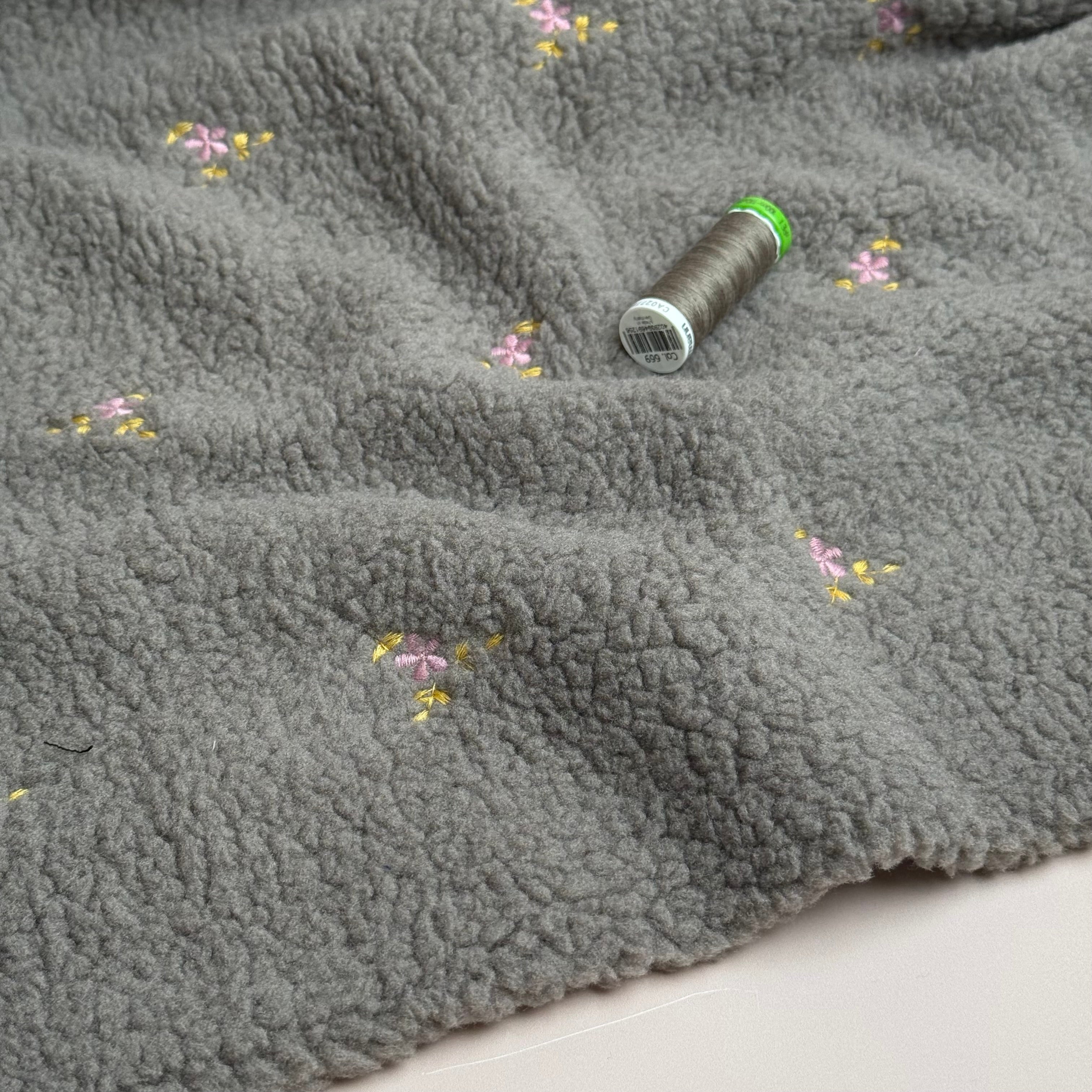 Teddy Fabric with Embroidered Flowers in Grey