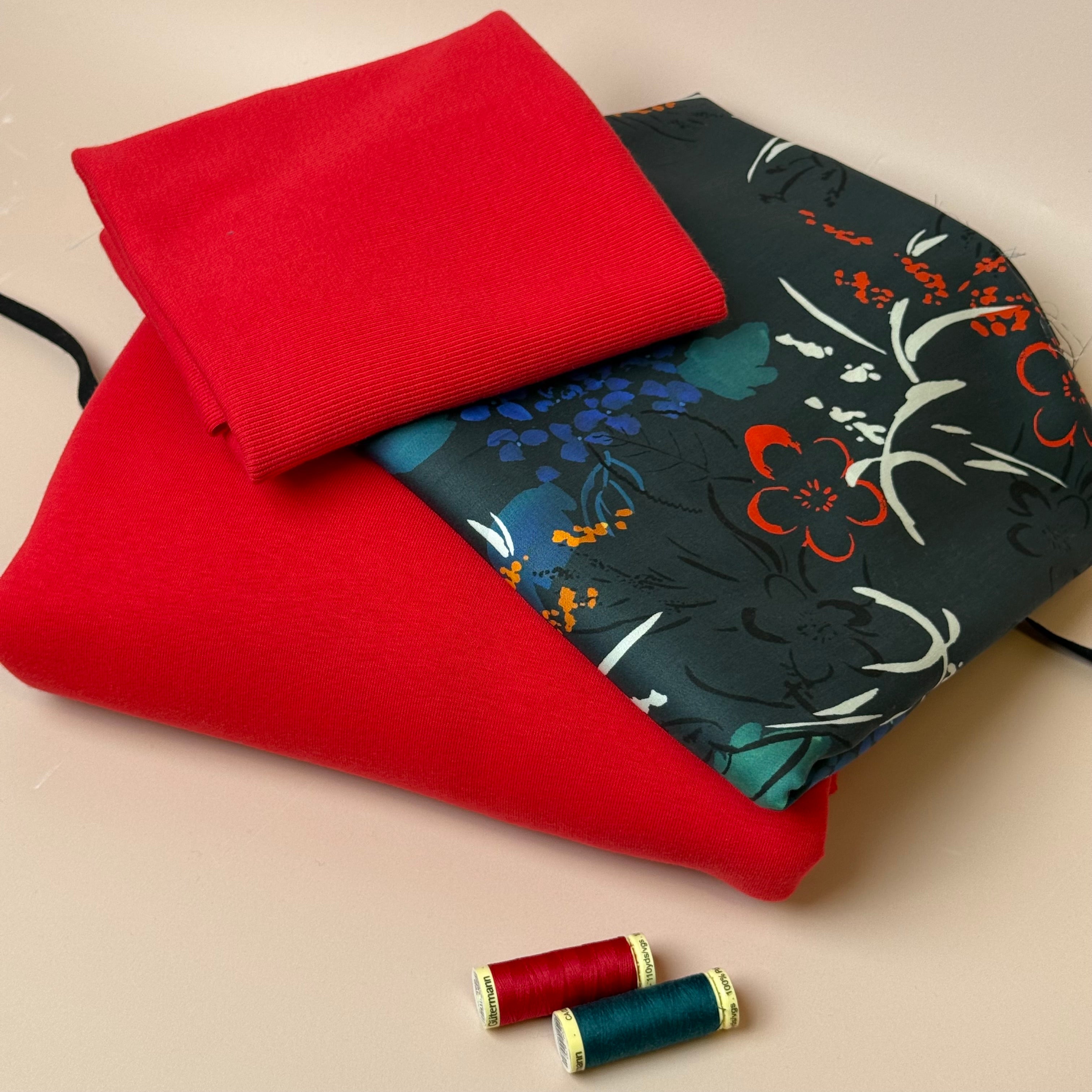 Make an Outfit Colour Bundle - Midnight Blooms Tencel Sateen & Sweatshirting in Red with Ribbing