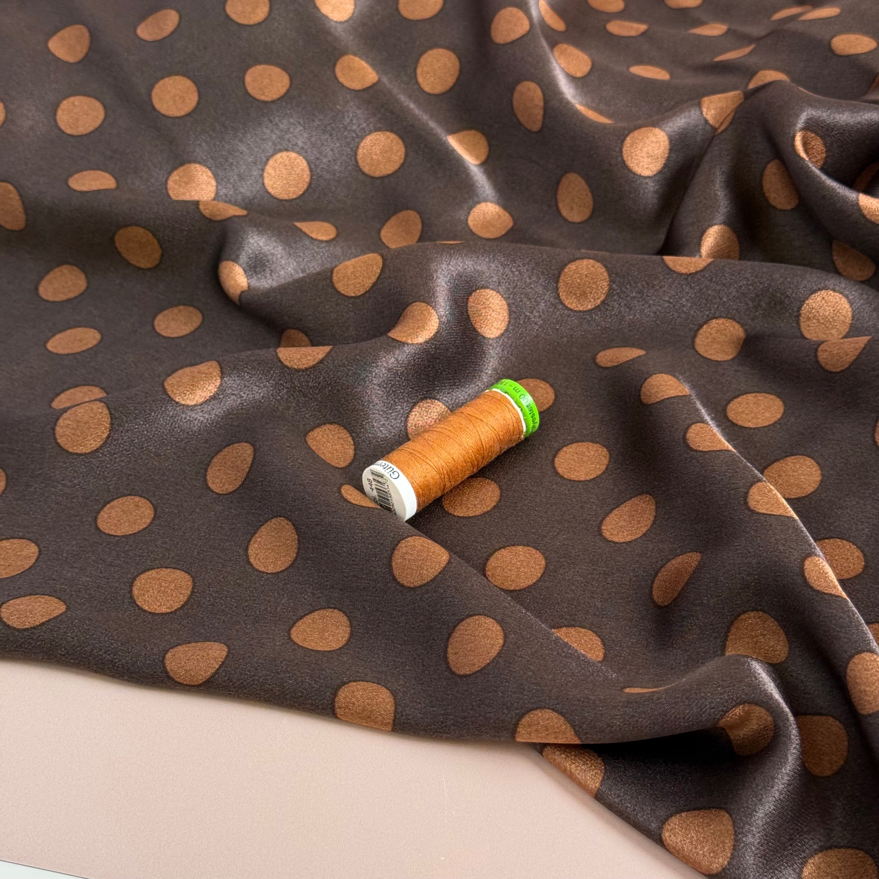 Polka Caramel on Brown Spun Viscose Sateen Fabric