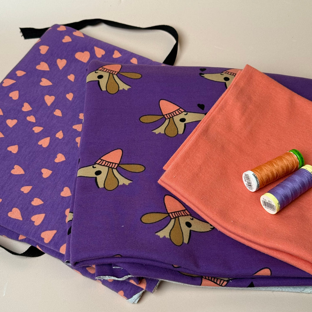 Make an Outfit Colour Bundle - Dogs and Heart Purple Cotton Sweat-shirting with Ribbing