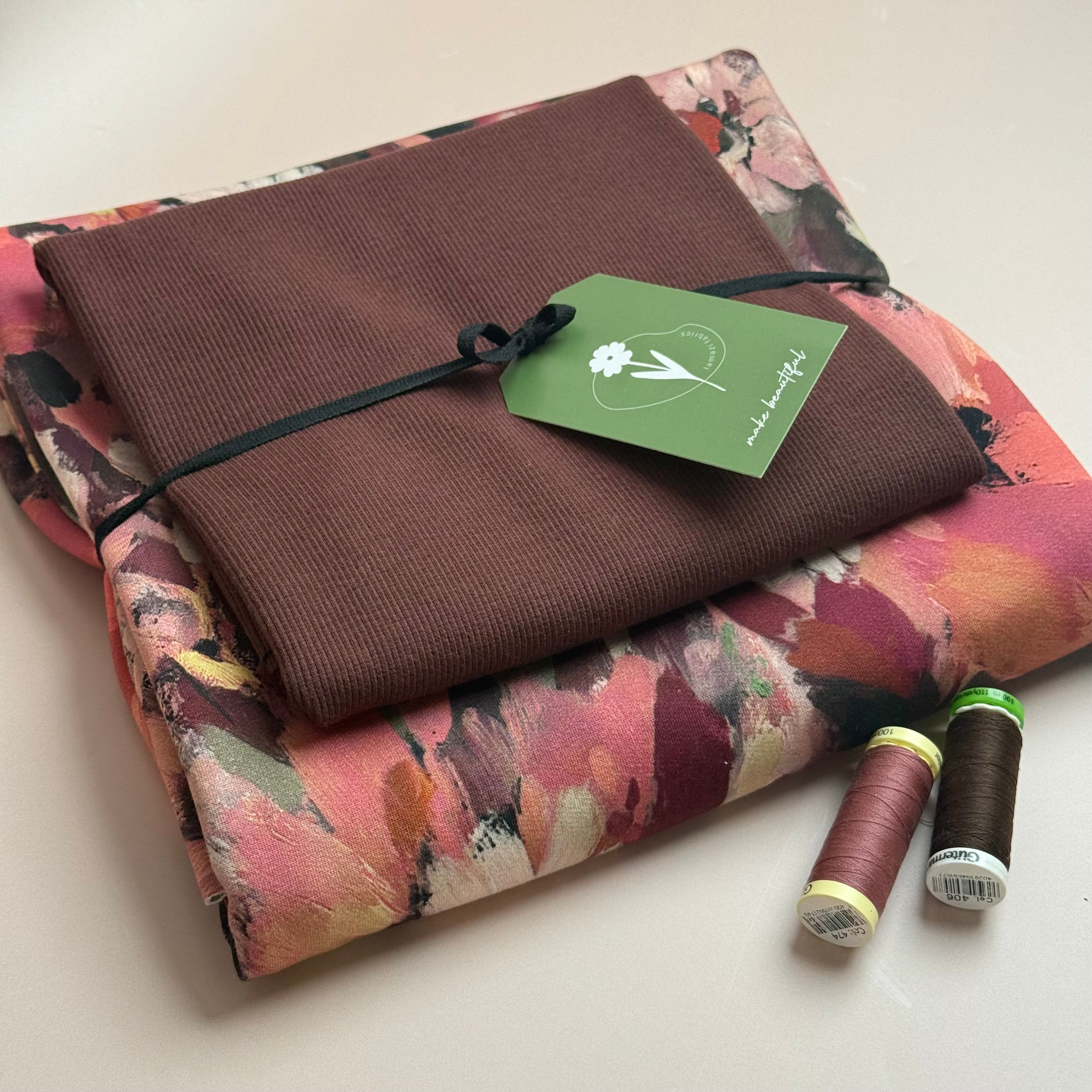 Colour Bundles - Painted Florals Burgundy Cotton French Terry & Matching Ribbing