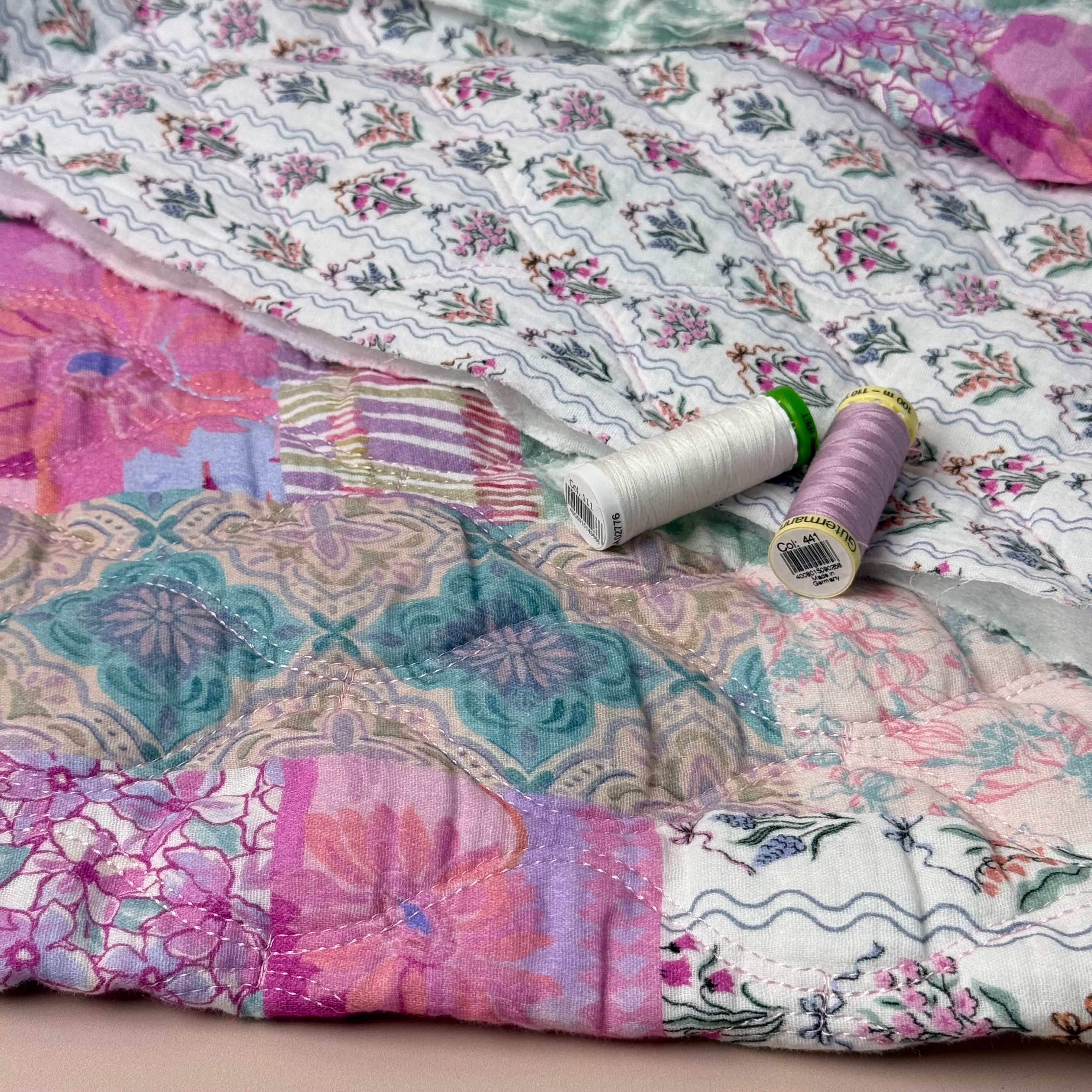 Hairloom Flowers in Pink Quilted Cotton Gauze