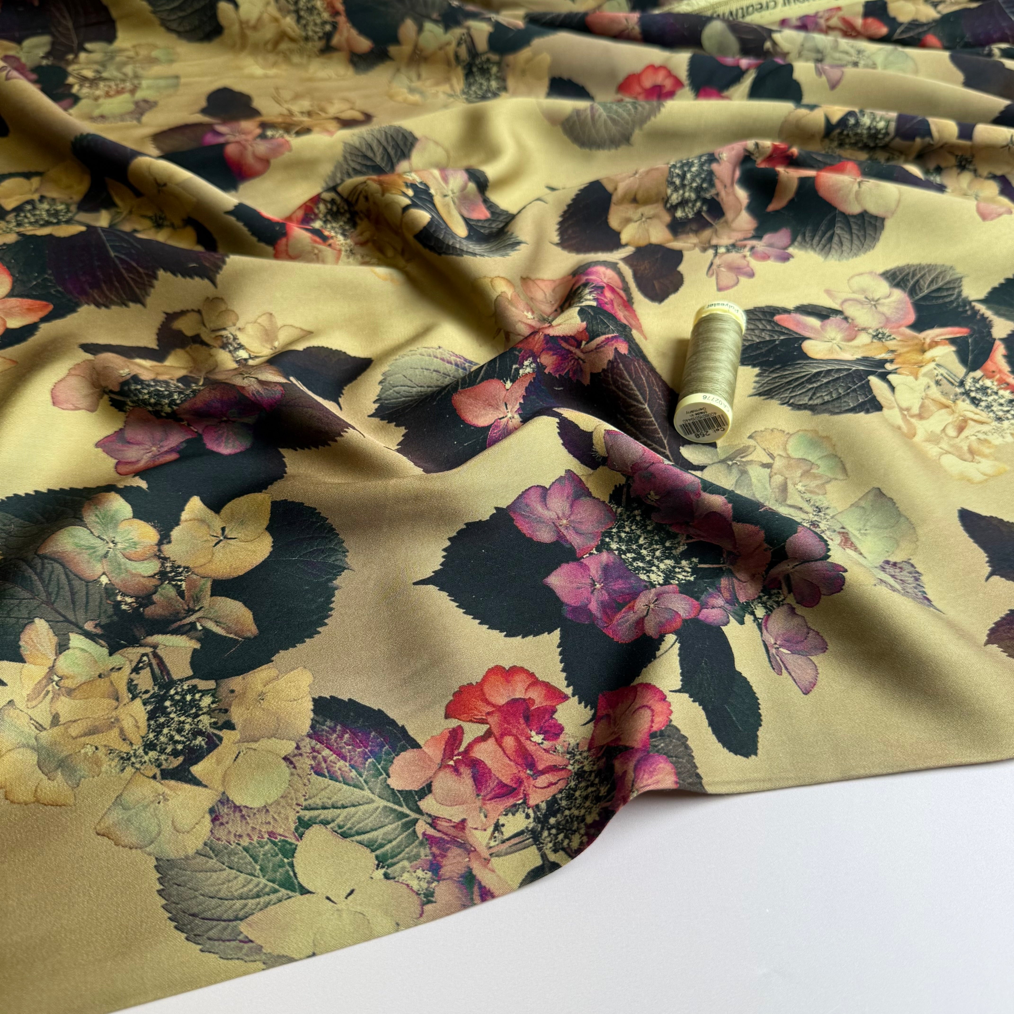 Hydrangeas on Gold Beige Viscose Sateen Fabric