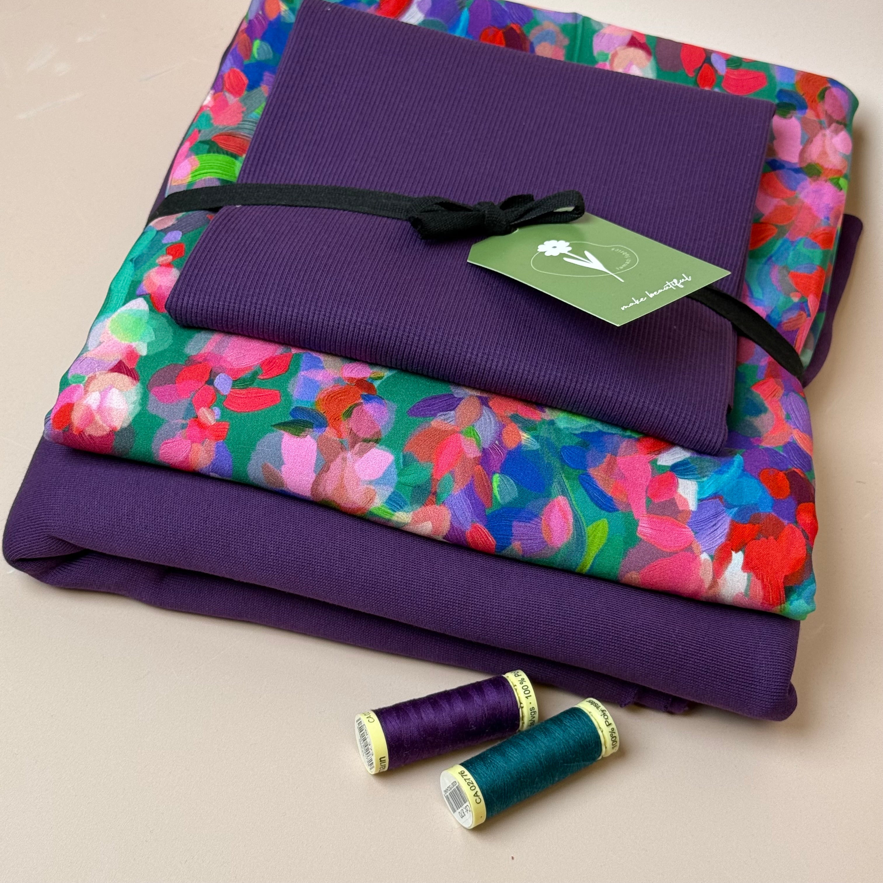 Make an Outfit Colour Bundle - Lupine Petals Viscose & Brushed Sweatshirt in Plum with Ribbing