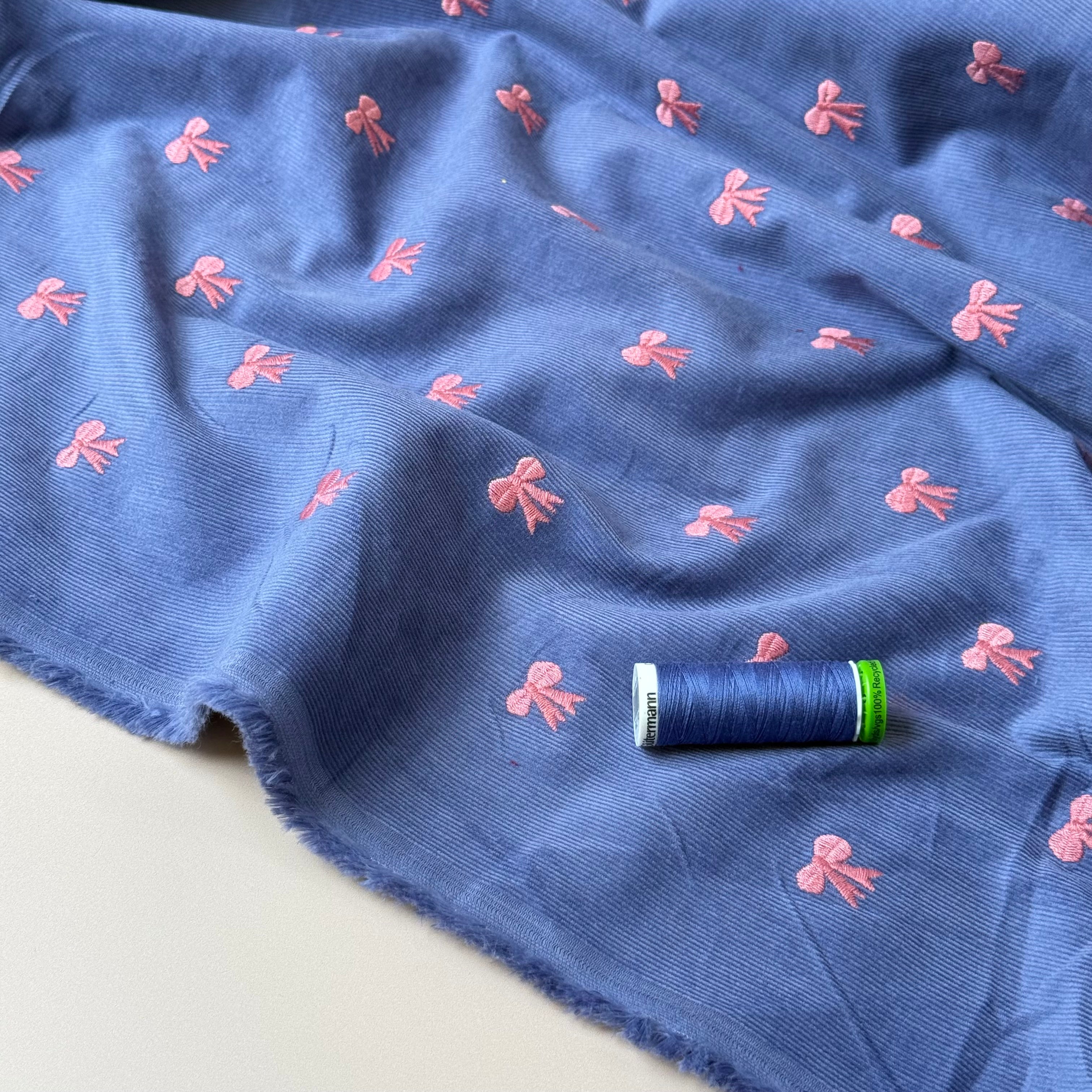 Embroidered Bows on Cornflower Blue Cotton Needlecord
