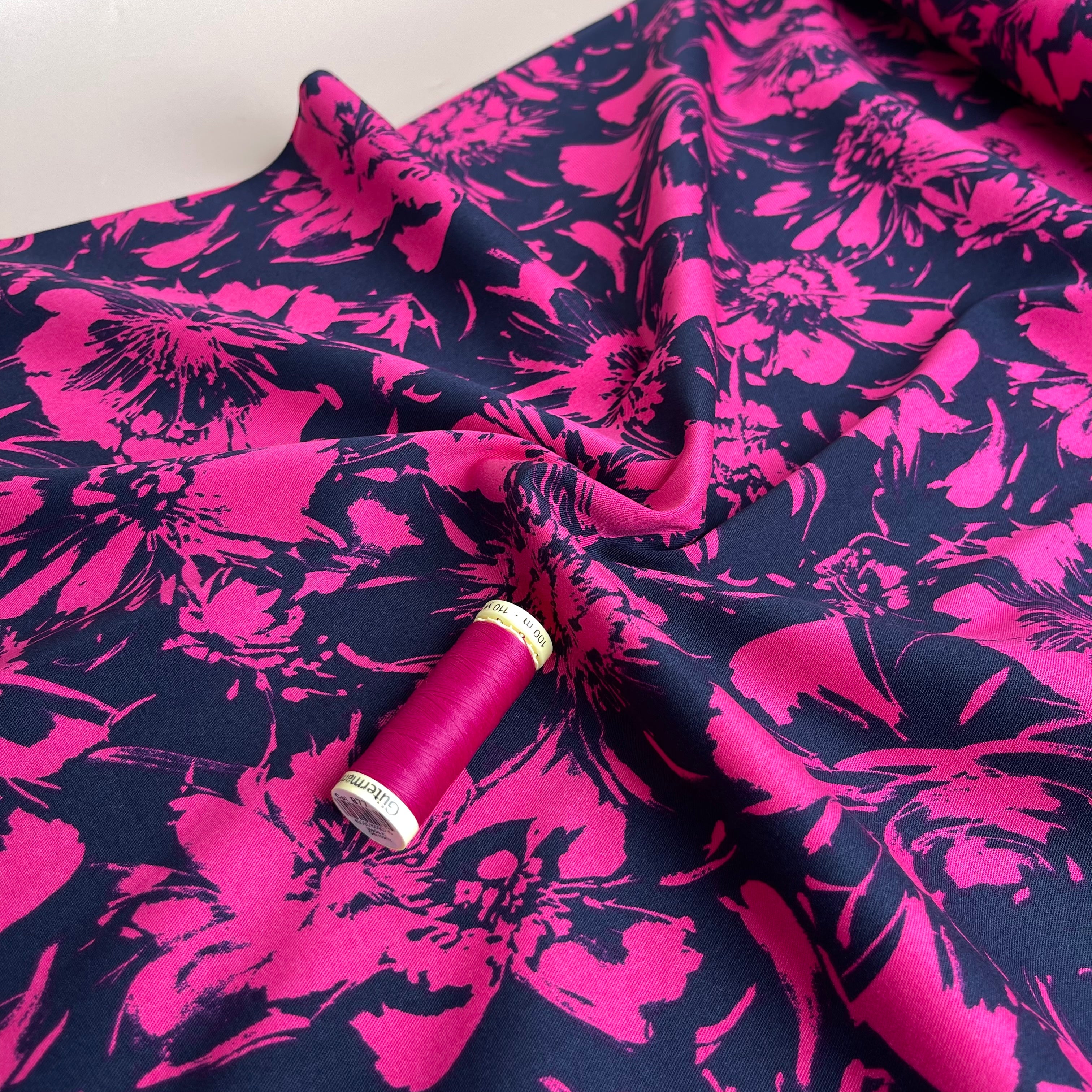 Rosella Fuchsia Blooms on Dark Navy Stretch Viscose Twill Fabric