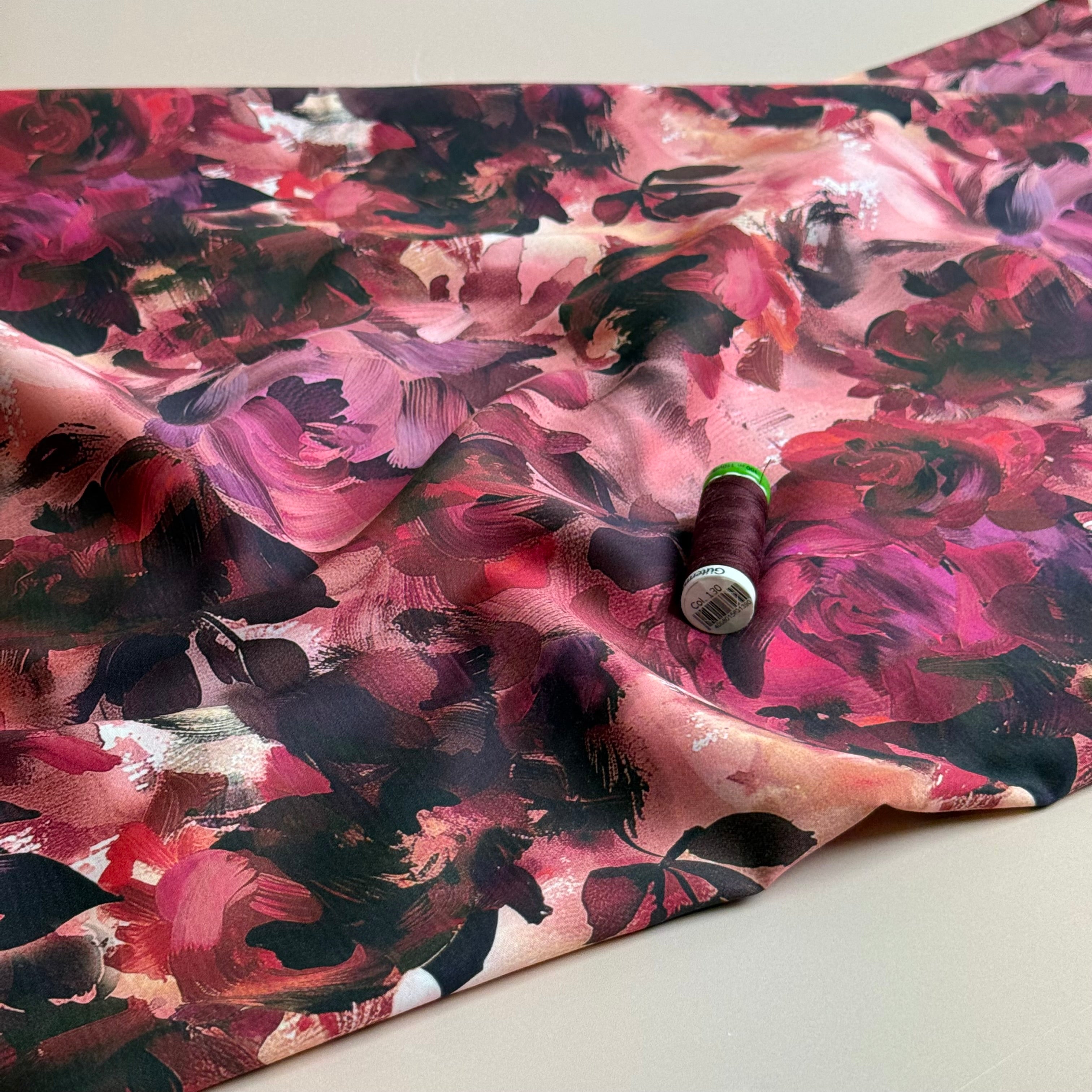 Painted Burgundy Flowers Cotton Sateen Fabric