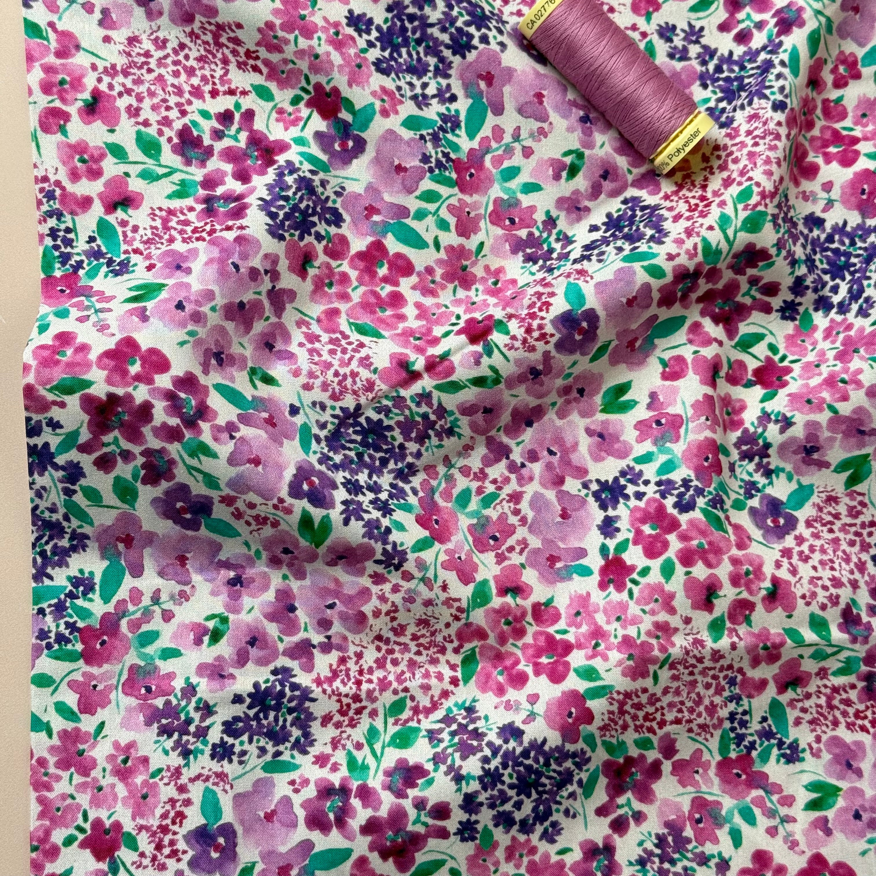 Small Watercolour Flowers on White Fine Cotton Poplin