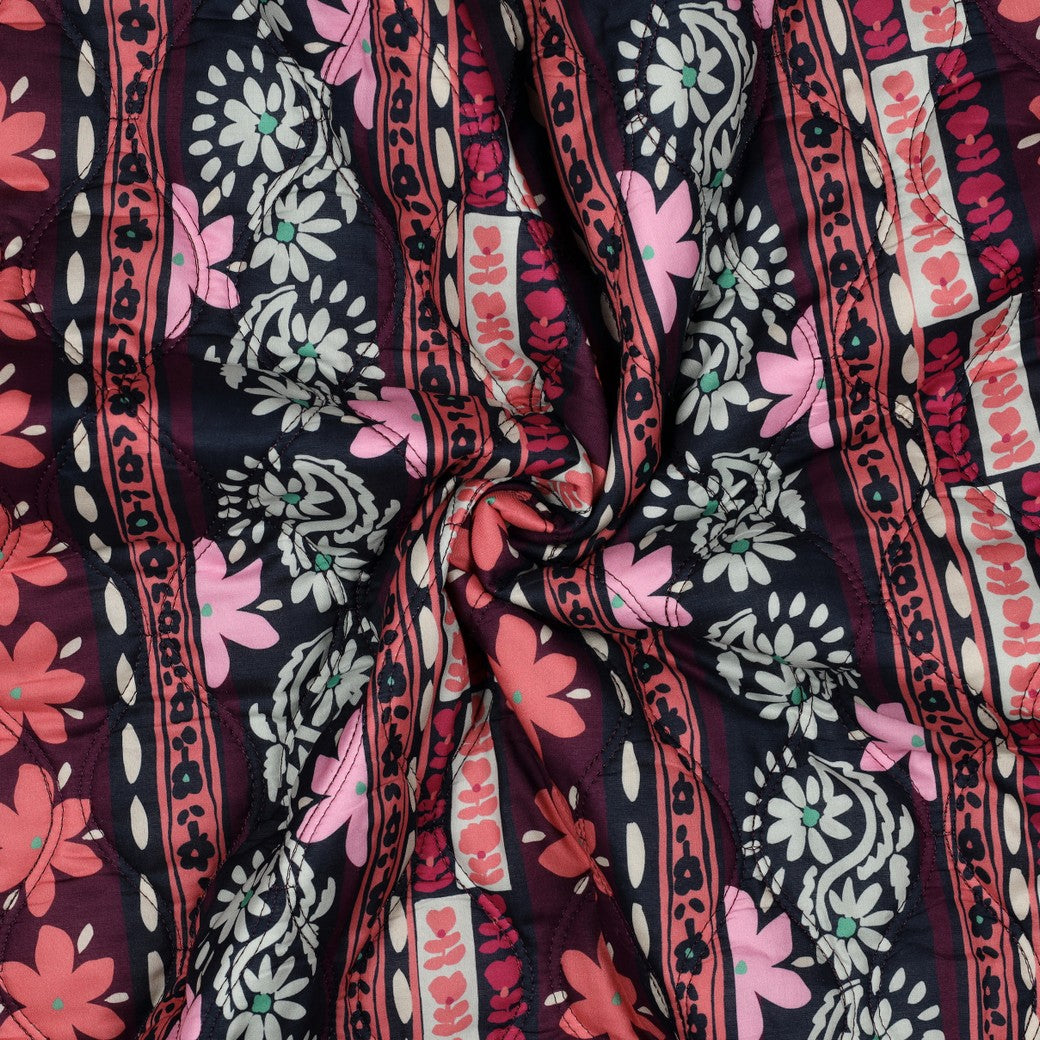 Ornamental Flowers Aubergine Quilted Cotton Fabric