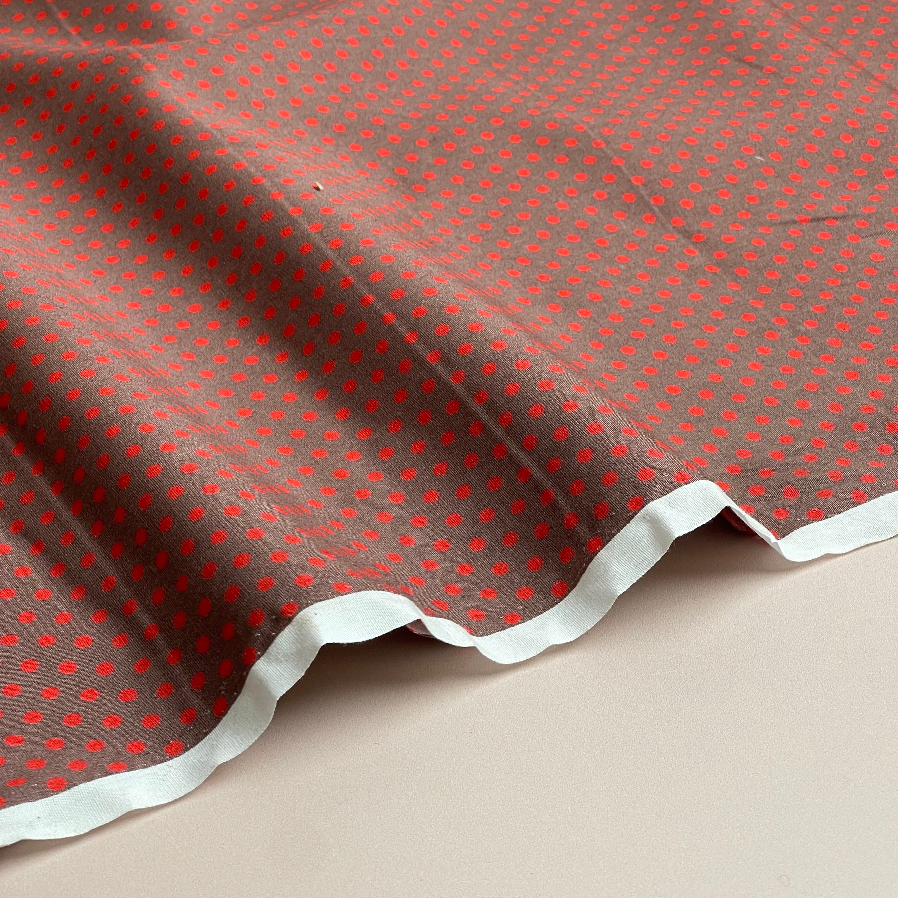 Red Polka Dots on Brown Cotton Poplin Fabric