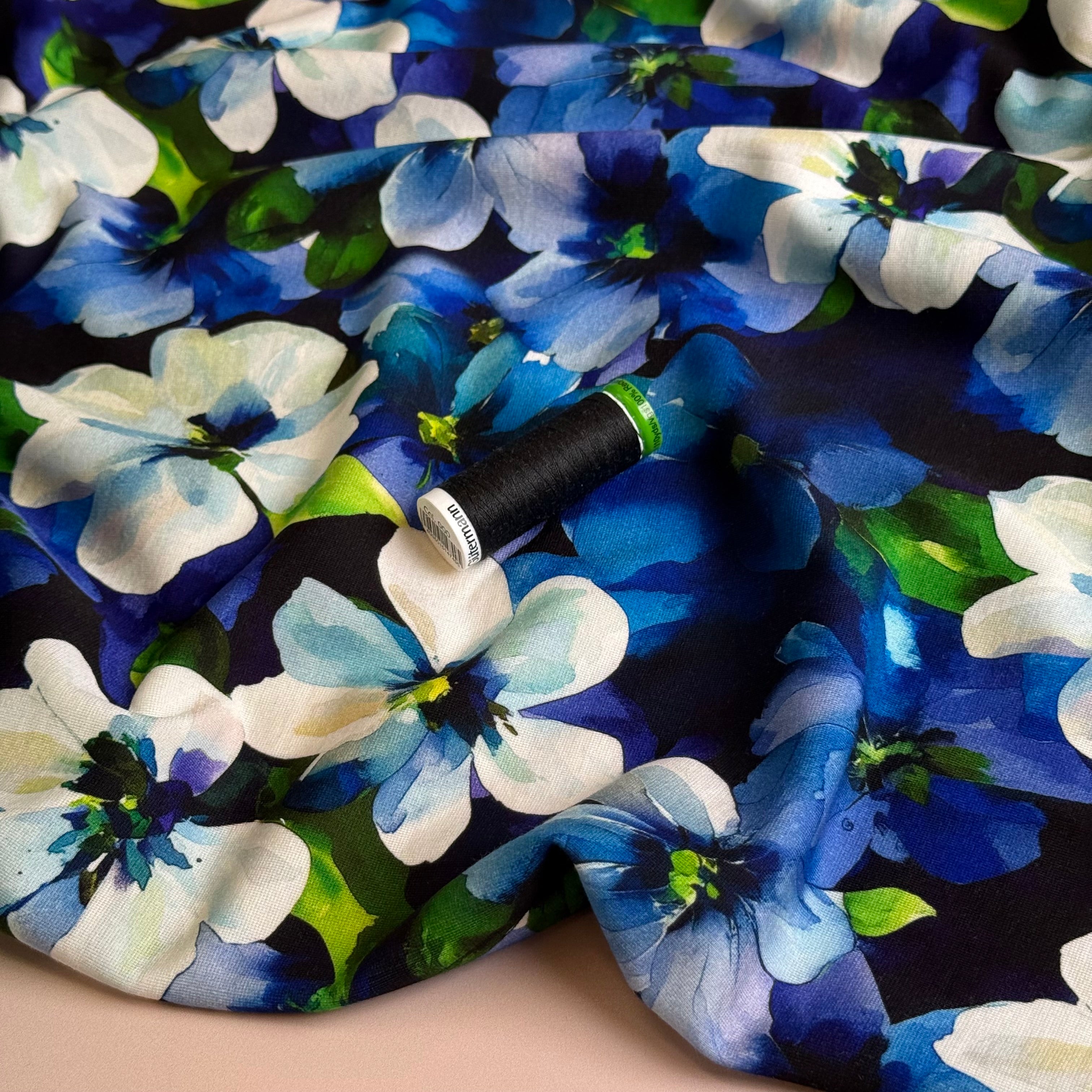 Cobalt Flowers on Black Light Viscose Ponte Roma Fabric